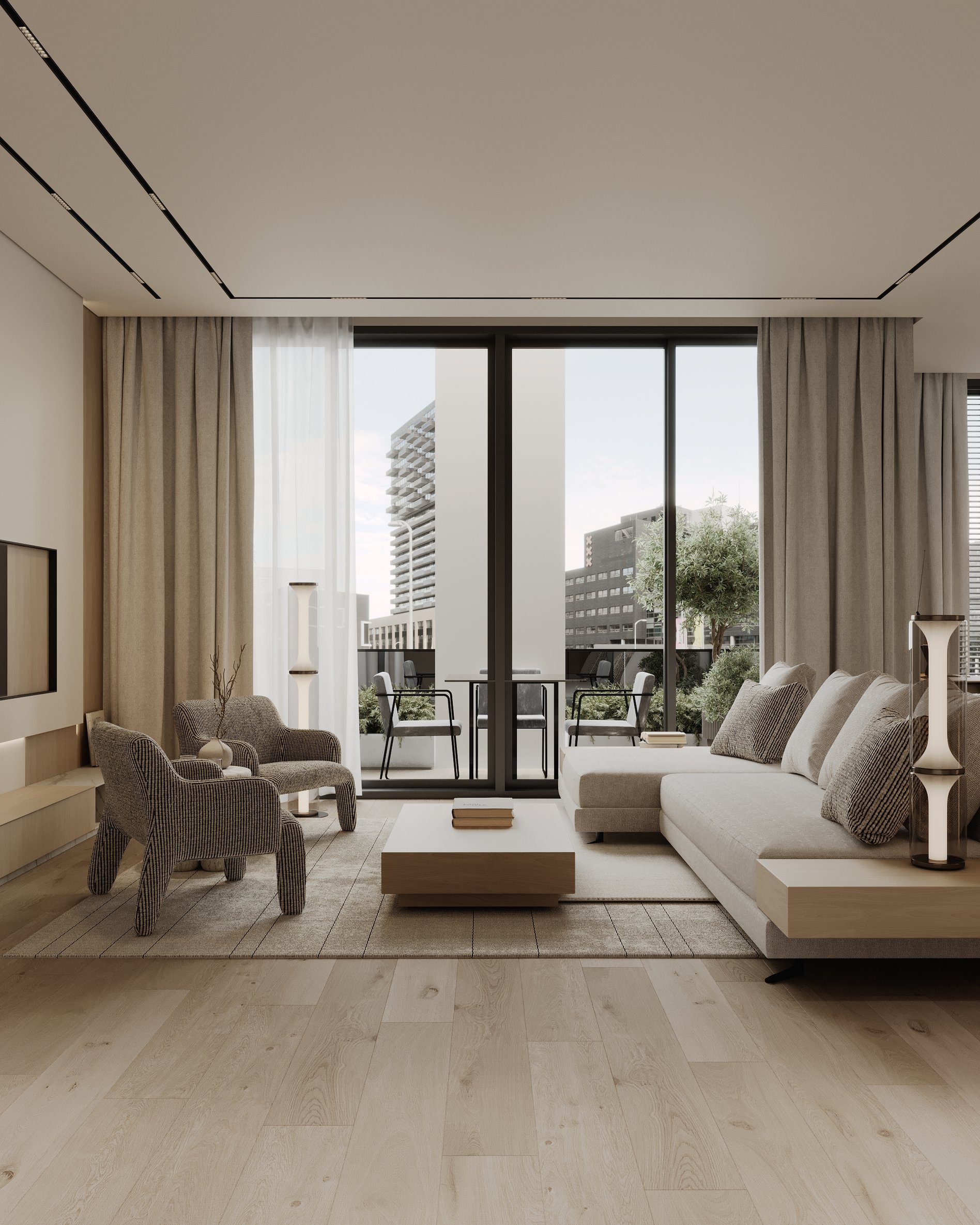 Living room with floor-to-ceiling windows, textured armchairs, and city views with outdoor seating.