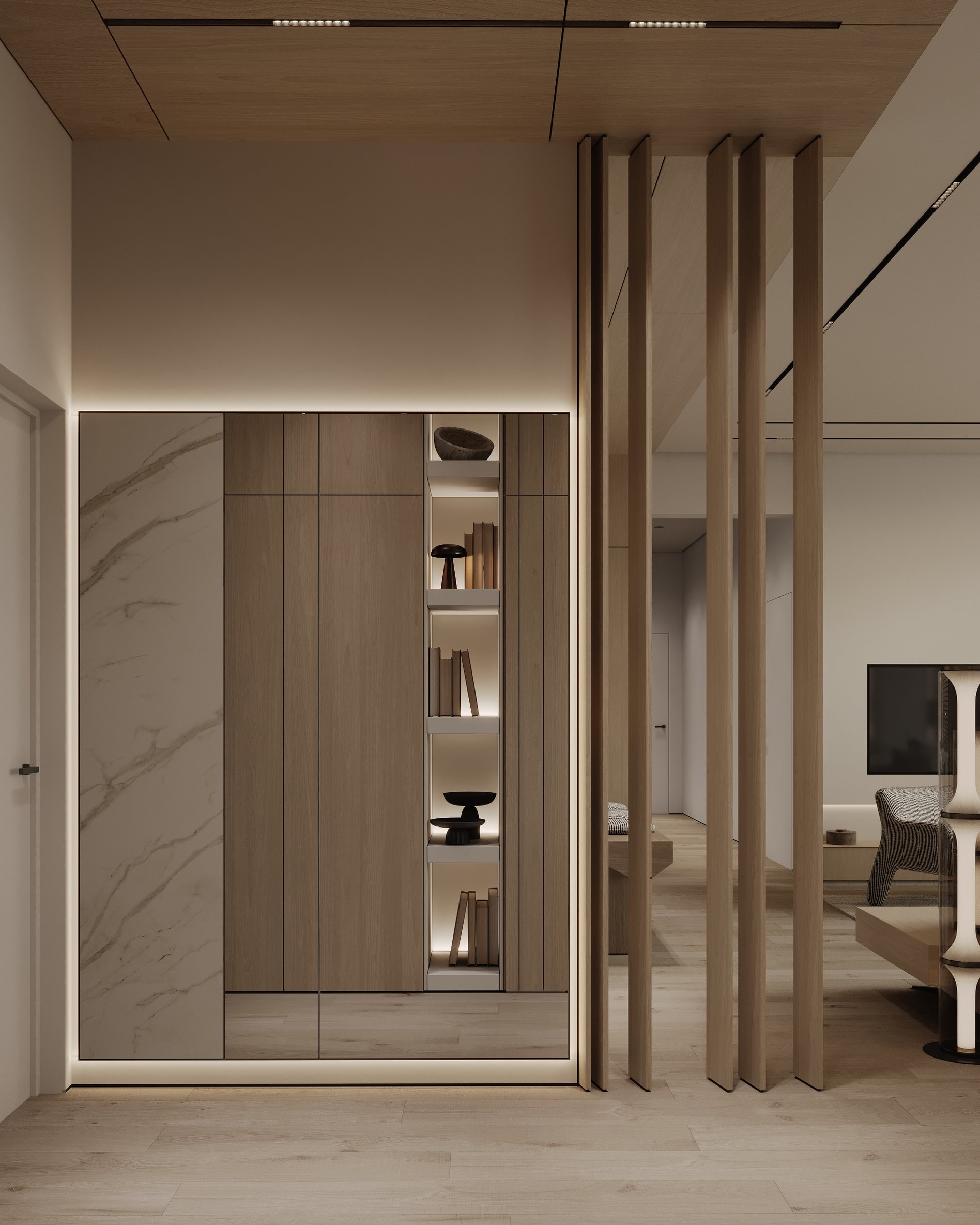 Built-in storage wall with illuminated display niches, wooden panels, and architectural columns.