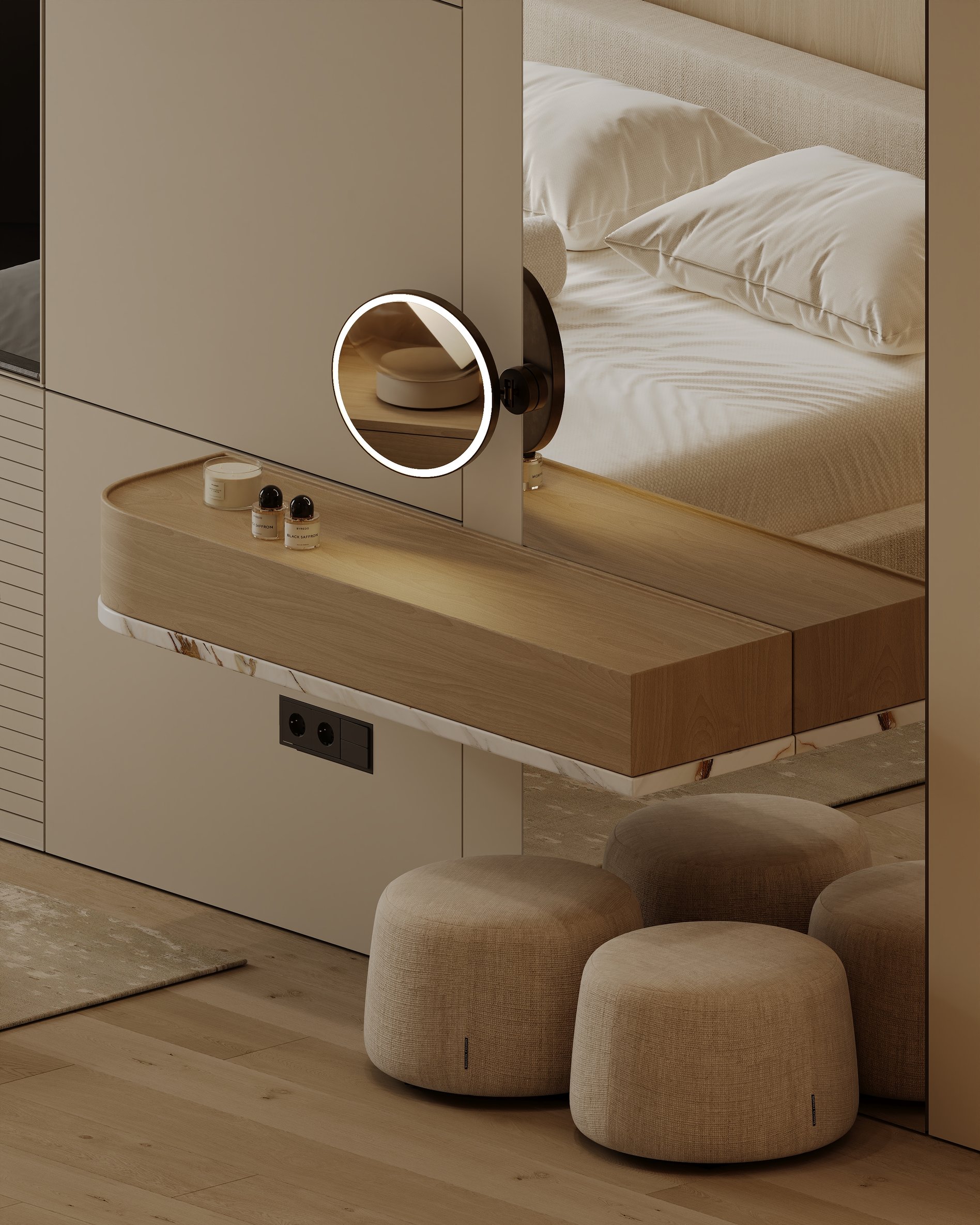Custom bedroom vanity area with illuminated mirror, wooden shelf, and upholstered poufs.