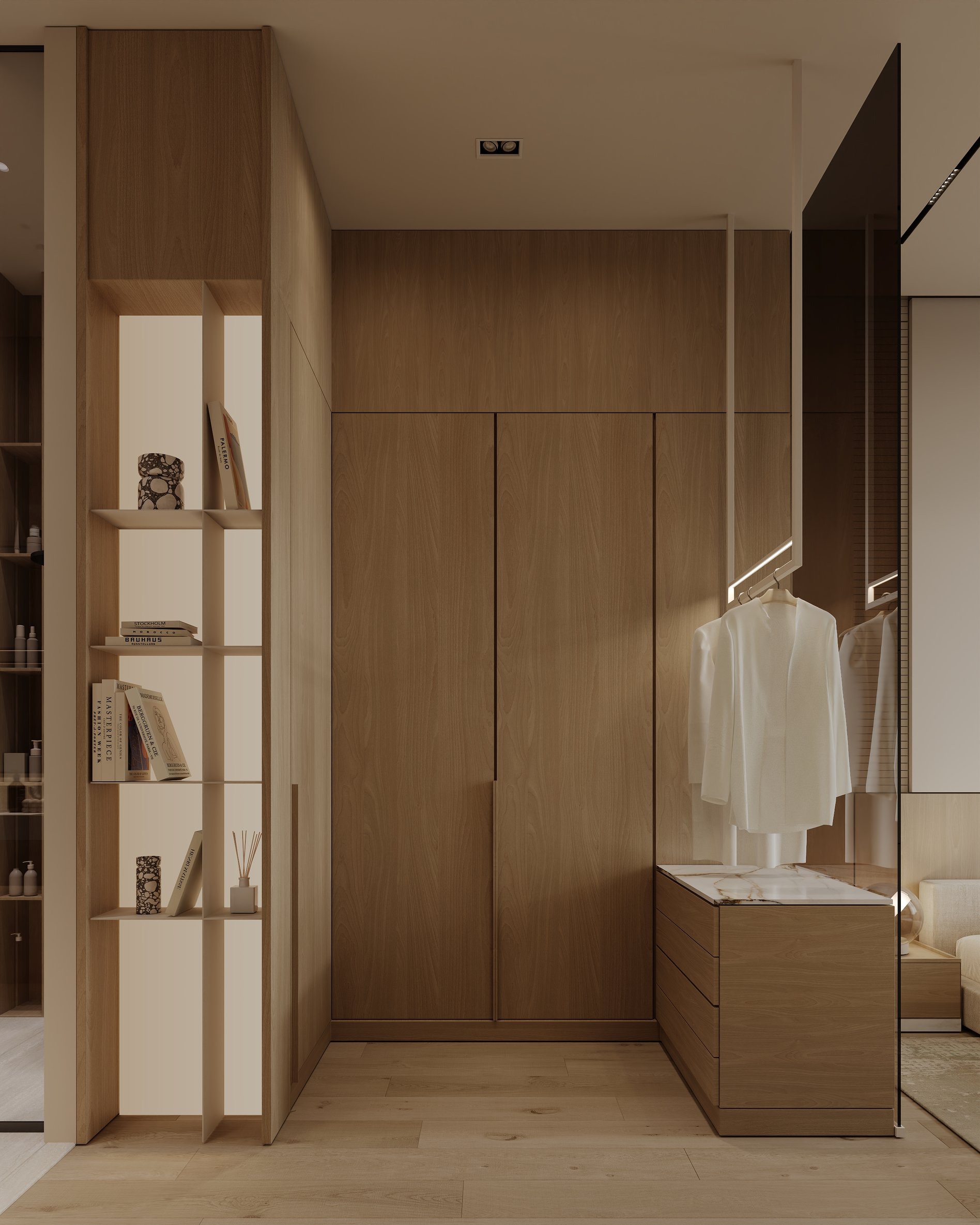 Walk-in closet with custom wooden storage, open shelving, and integrated lighting.