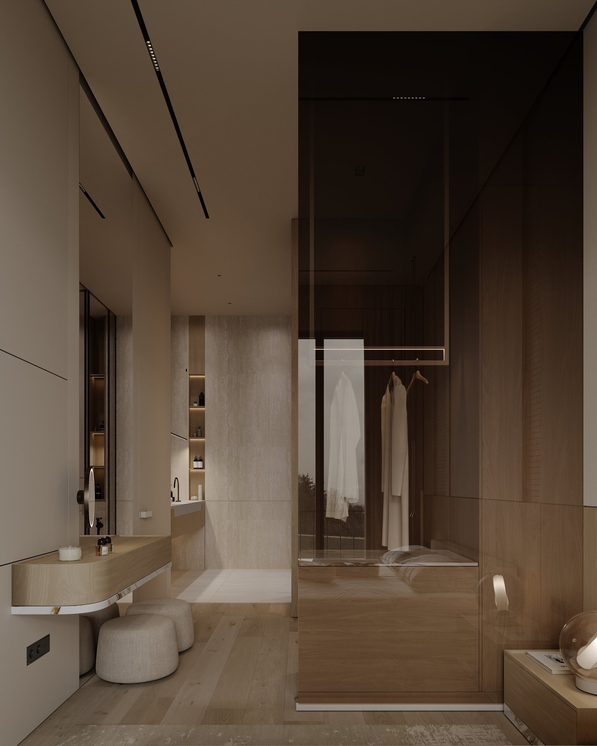 Modern bathroom featuring custom vanity, illuminated mirror, and glass wardrobe storage.
