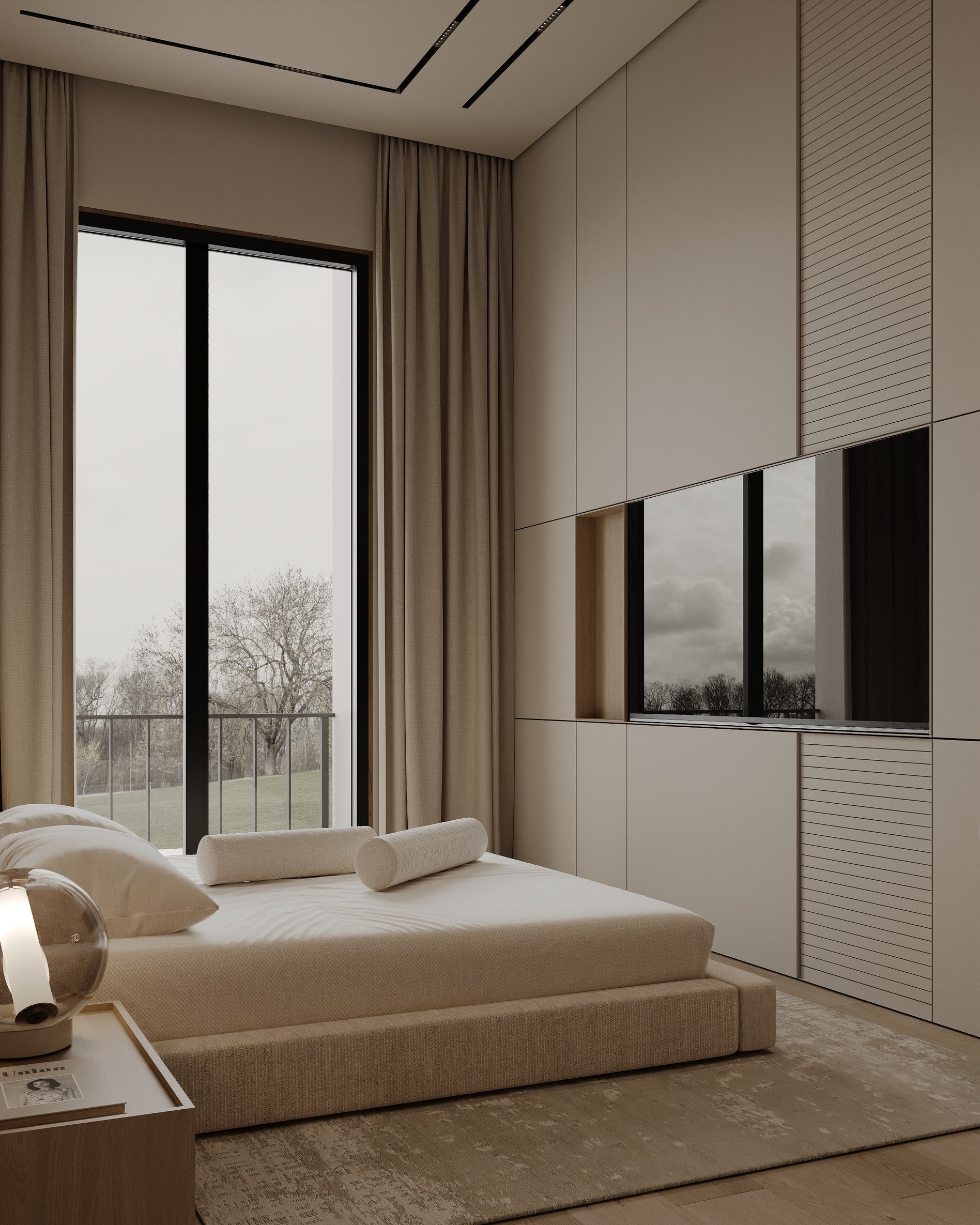 Guest bedroom featuring a platform bed with white linens, built-in storage, and floor-to-ceiling windows with urban views.