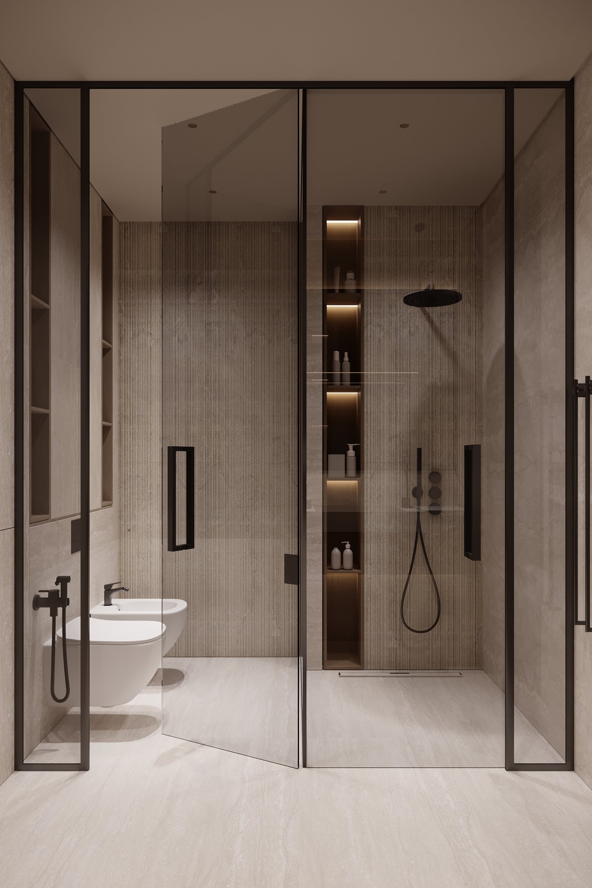 Contemporary bathroom featuring glass-enclosed shower area, built-in shelving with LED lighting, and wall-mounted fixtures.