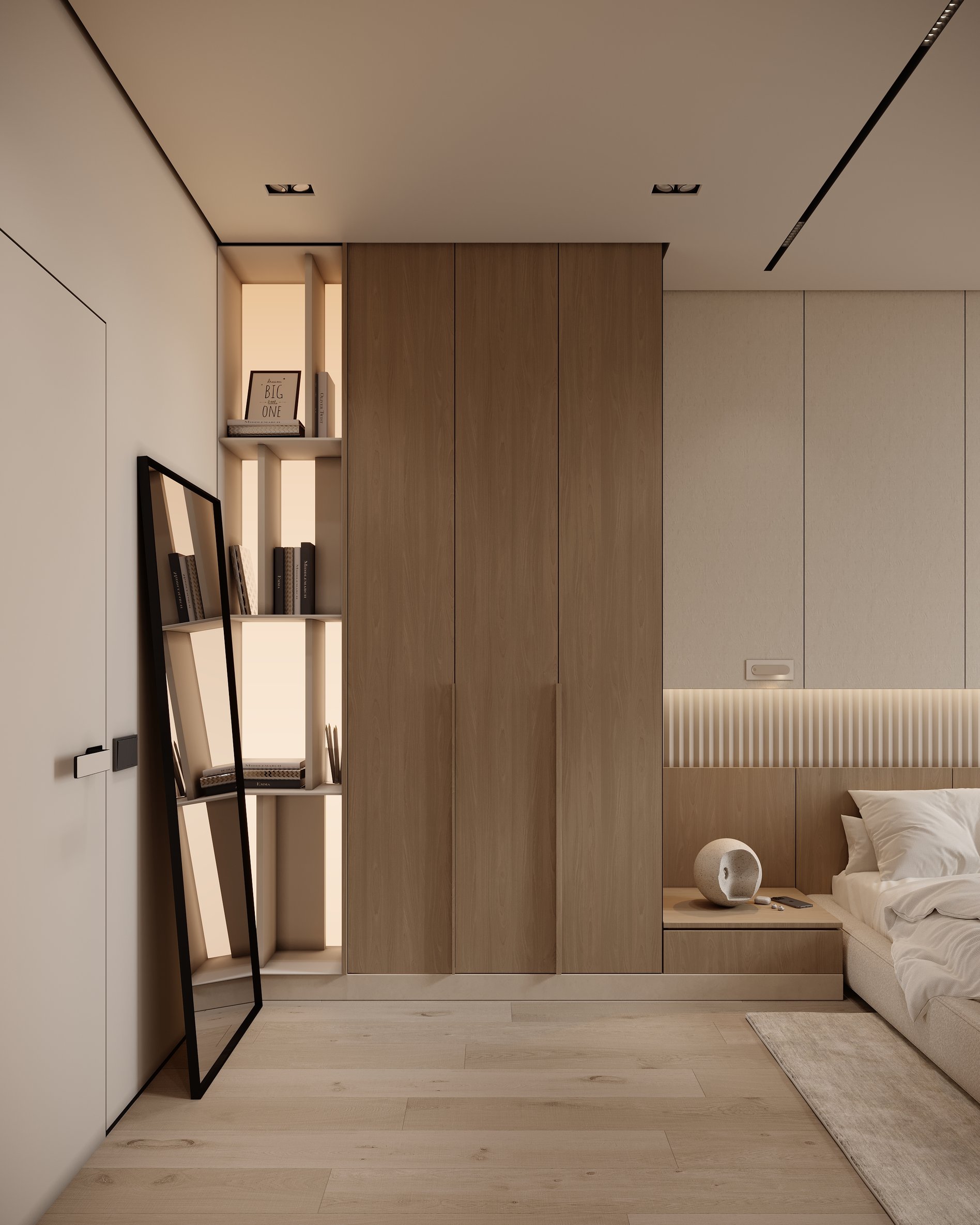 Bedroom featuring built-in wooden storage, geometric mirror, and integrated bedside shelving.