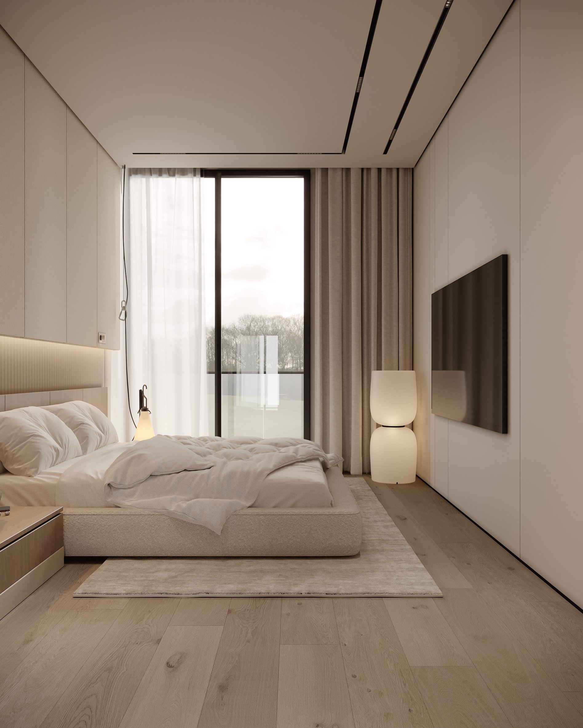 Minimalist bedroom with sculptural floor lamp, wall-mounted TV, and custom headboard with integrated lighting.