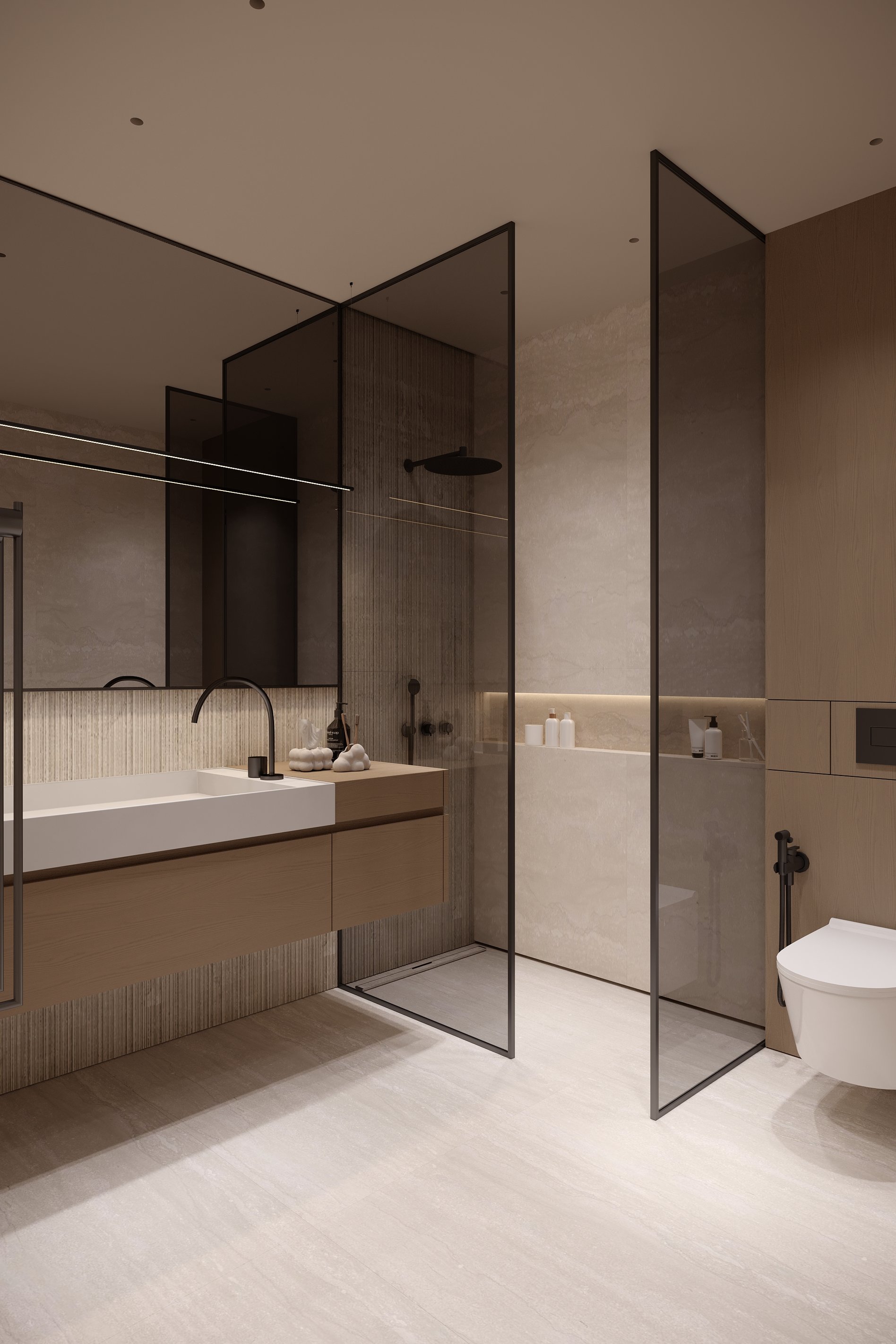 Modern bathroom vanity with matte black fixtures, decorative accessories, and textured wall panels.
