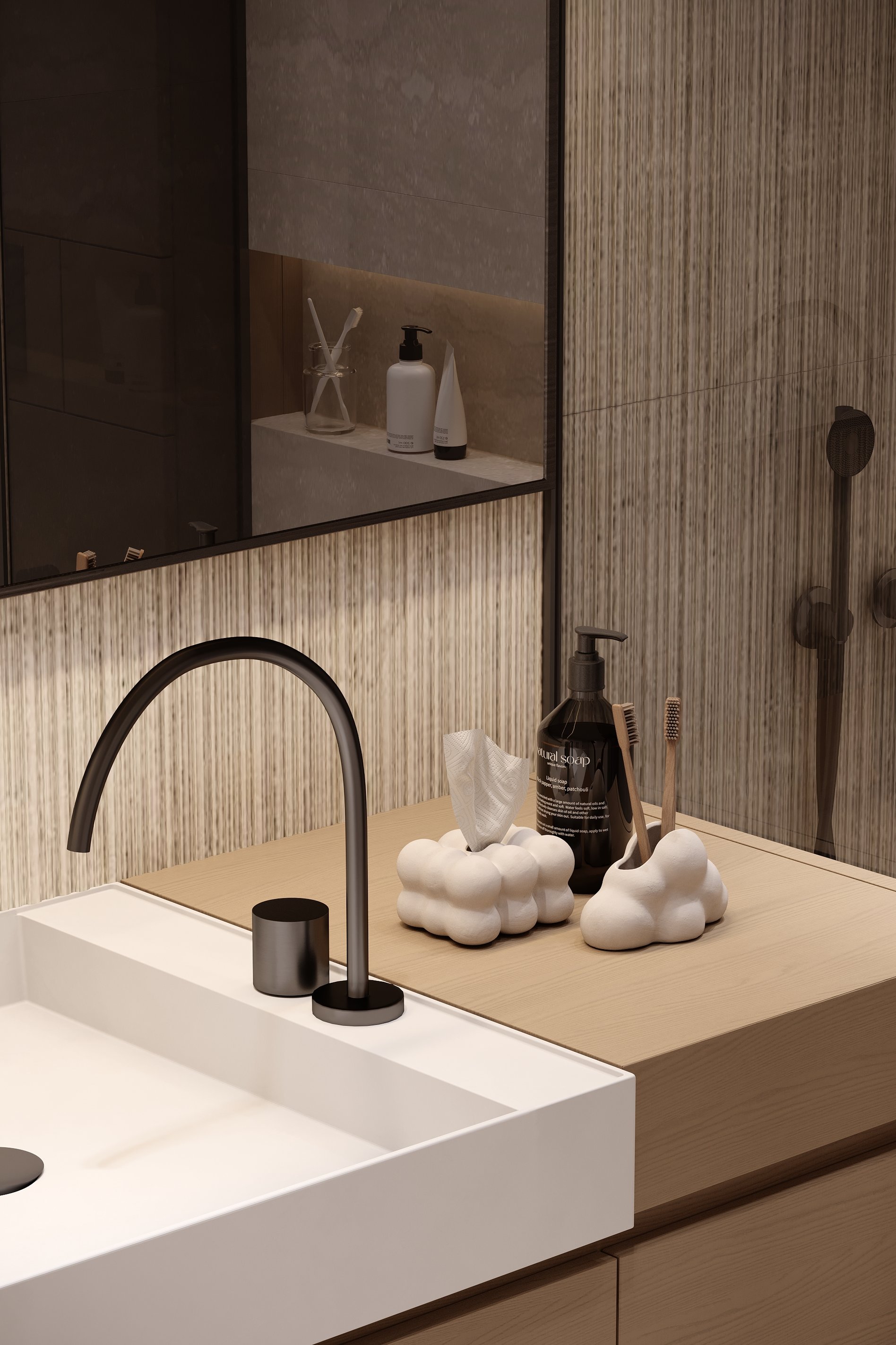 Contemporary bathroom with smoked glass partitions, floating vanity, and integrated storage solutions.