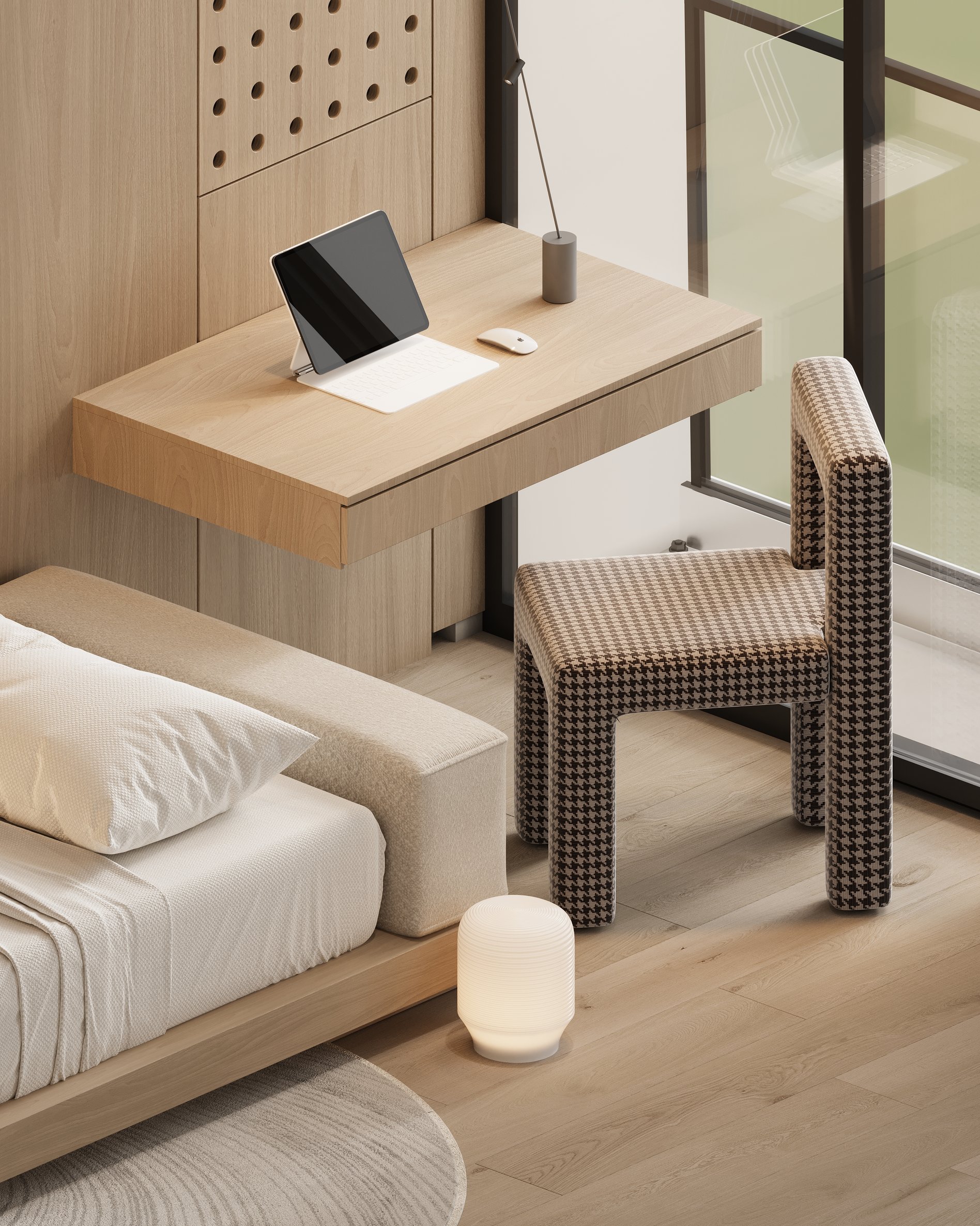 Bedroom workspace with floating desk, houndstooth upholstered chair, and integrated technology solutions.
