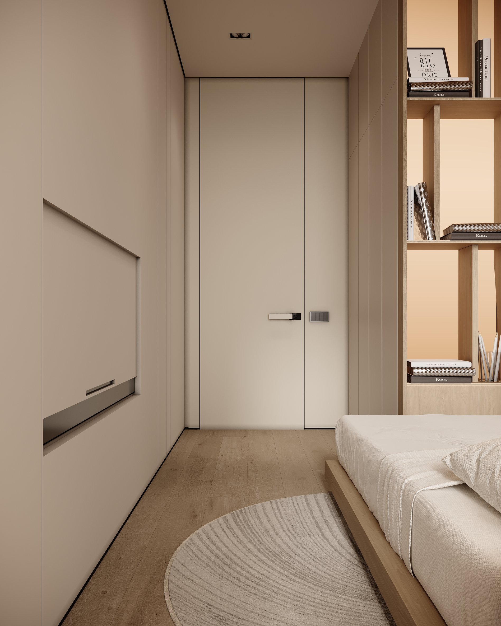 Minimalist bedroom featuring built-in storage, flush door design, and integrated shelving with books and decorative items.
