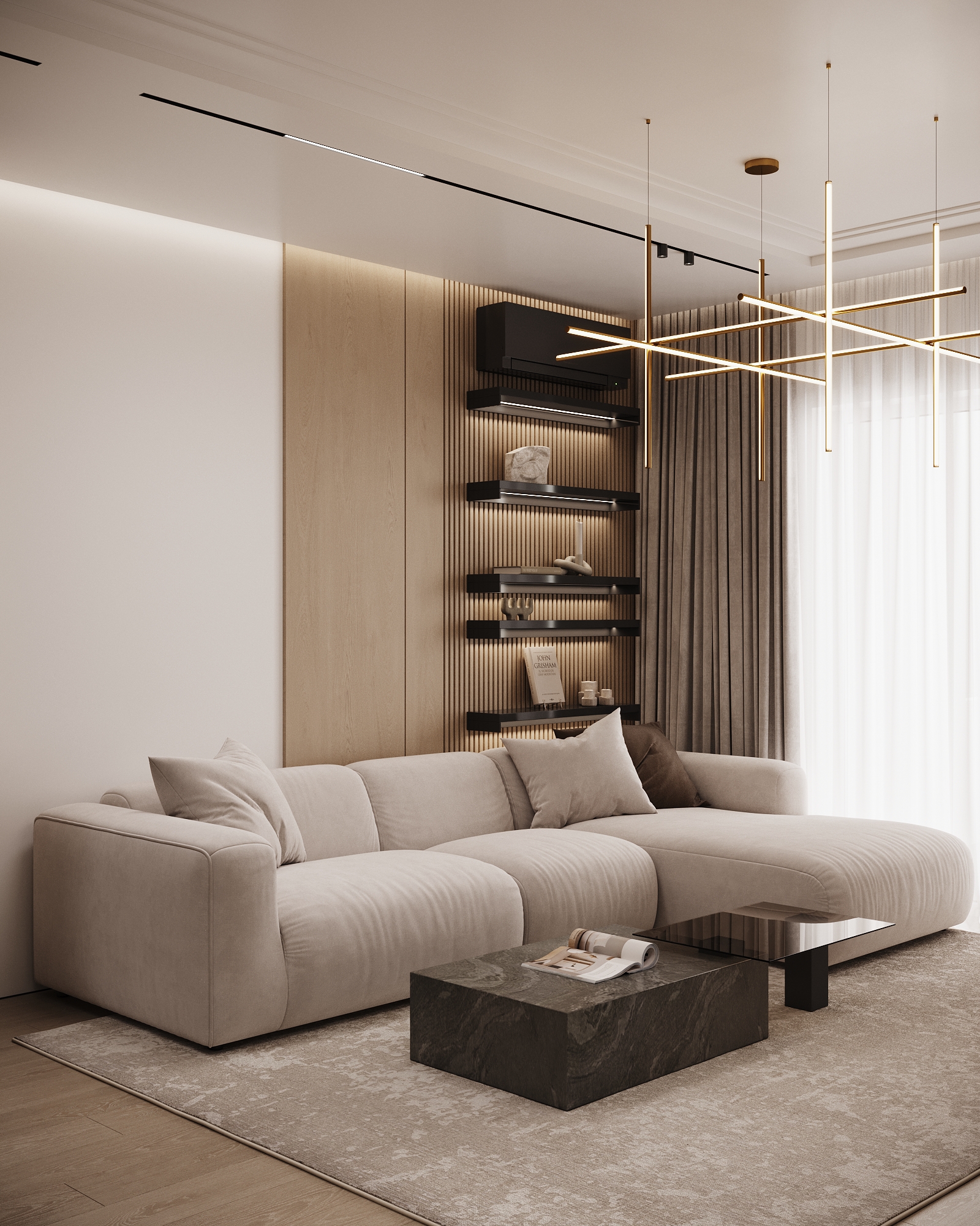 Modern living room featuring a beige sectional sofa, black marble coffee table, and geometric gold pendant lighting with wooden wall panels.