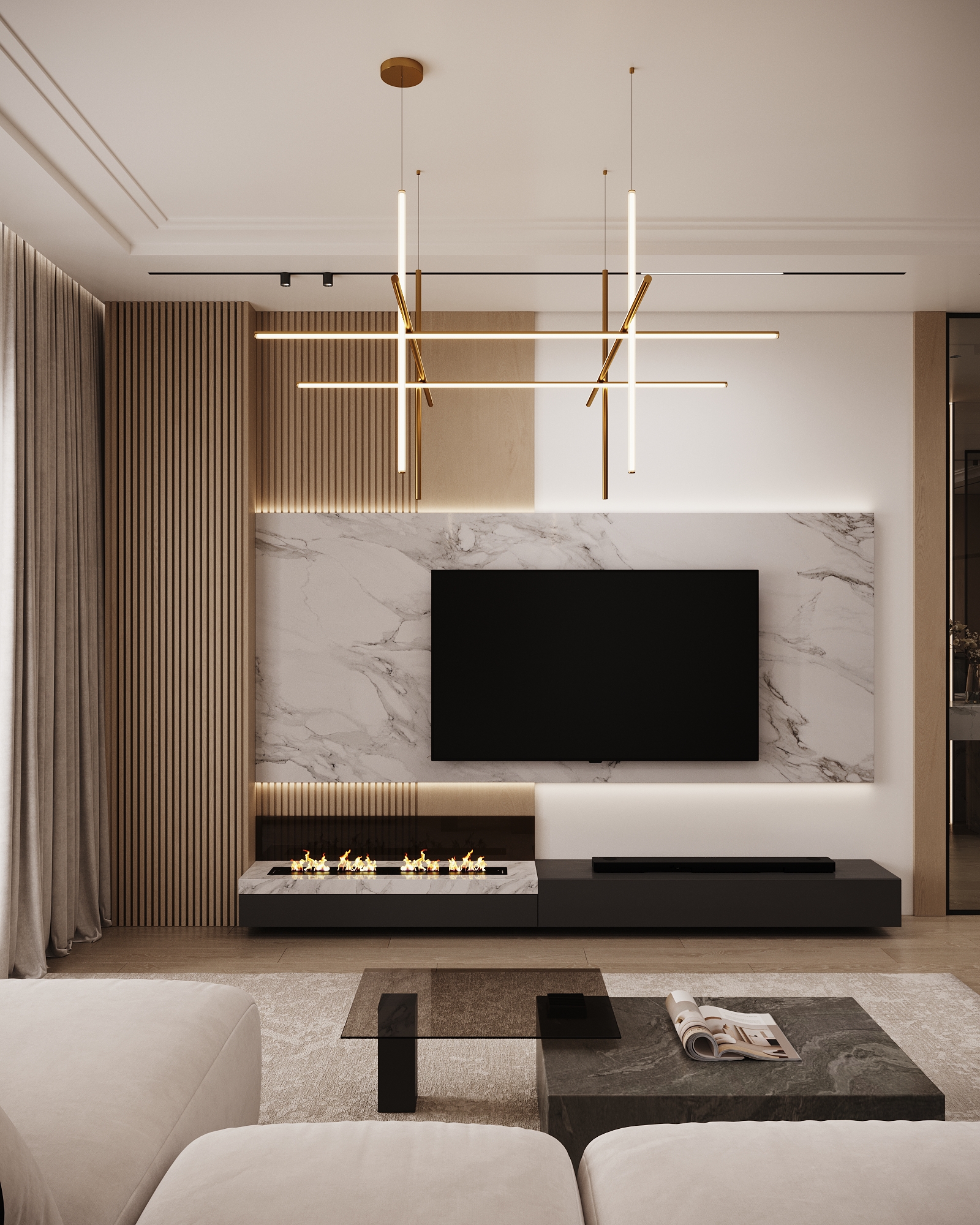 Contemporary living room with wall-mounted TV, marble backsplash, and built-in bio ethanol fireplace with modern lighting fixture.