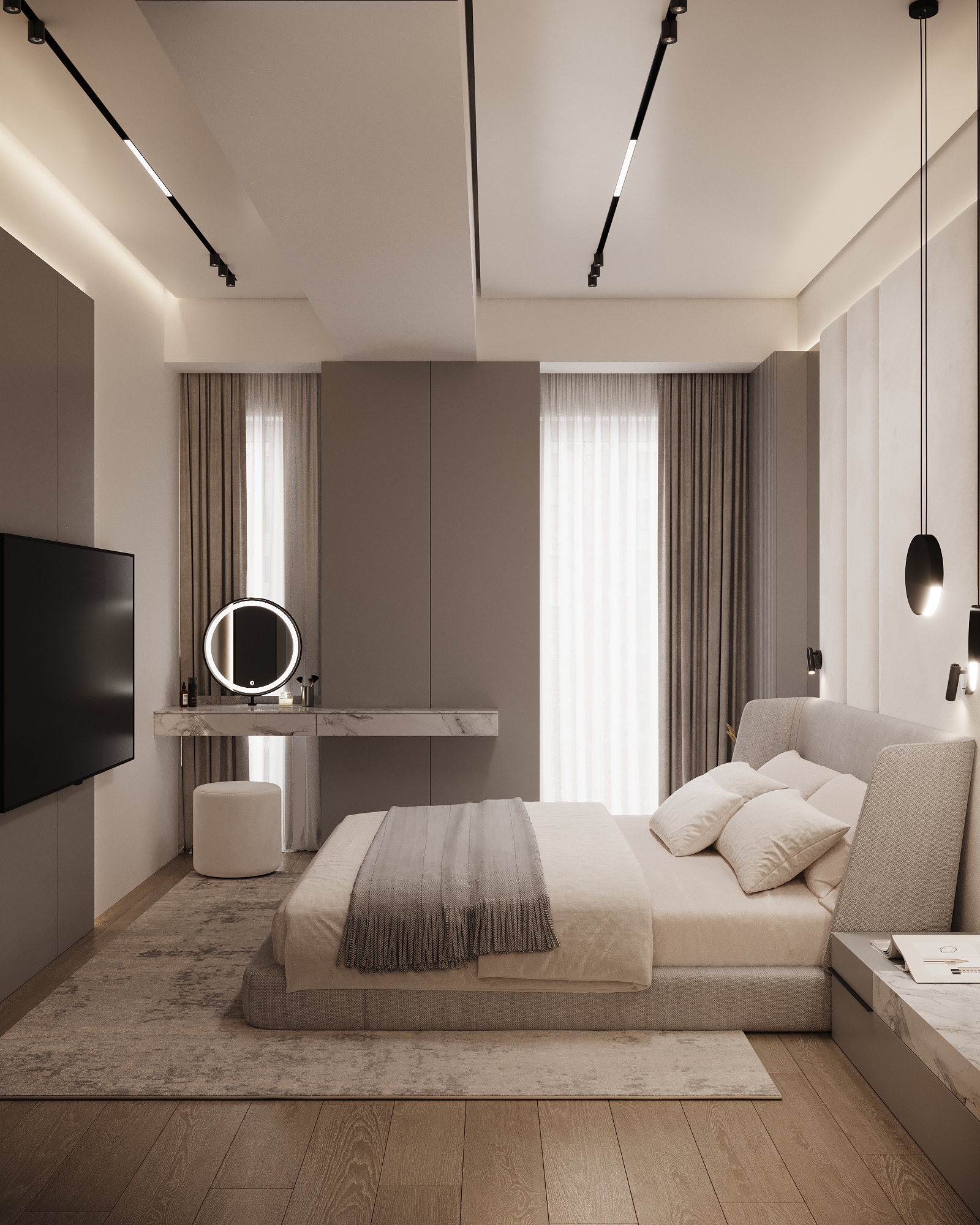 Contemporary bedroom featuring upholstered bed, marble vanity with LED mirror, and wall-mounted TV.