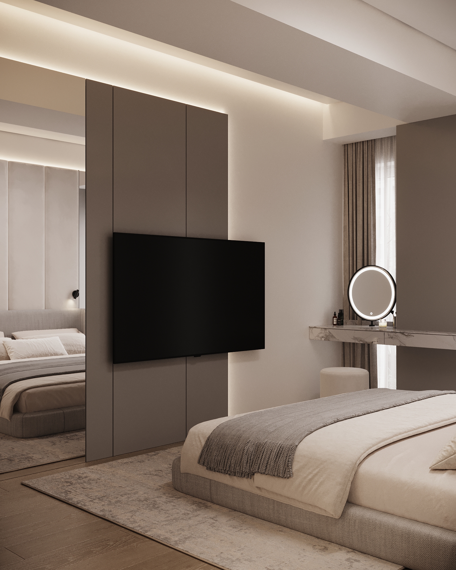 Modern bedroom with built-in wardrobe featuring smoked glass doors, marble side table, and pendant lighting.