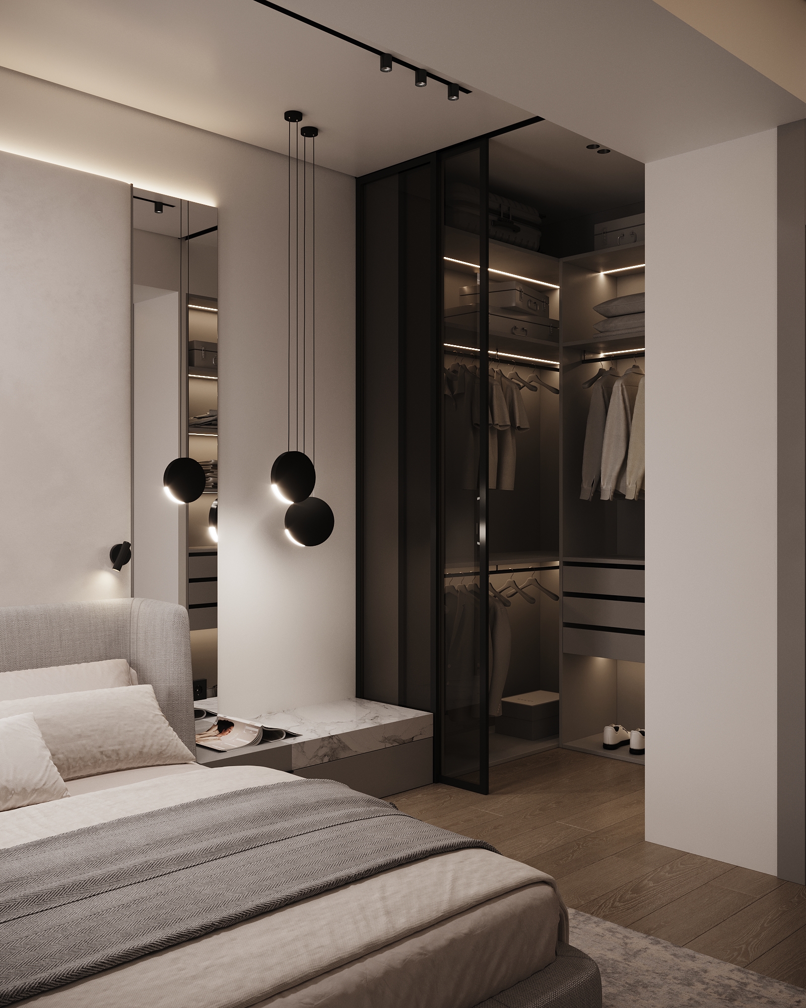 Luxury bedroom with TV wall panel, marble vanity, and glass-enclosed wardrobe with LED lighting.