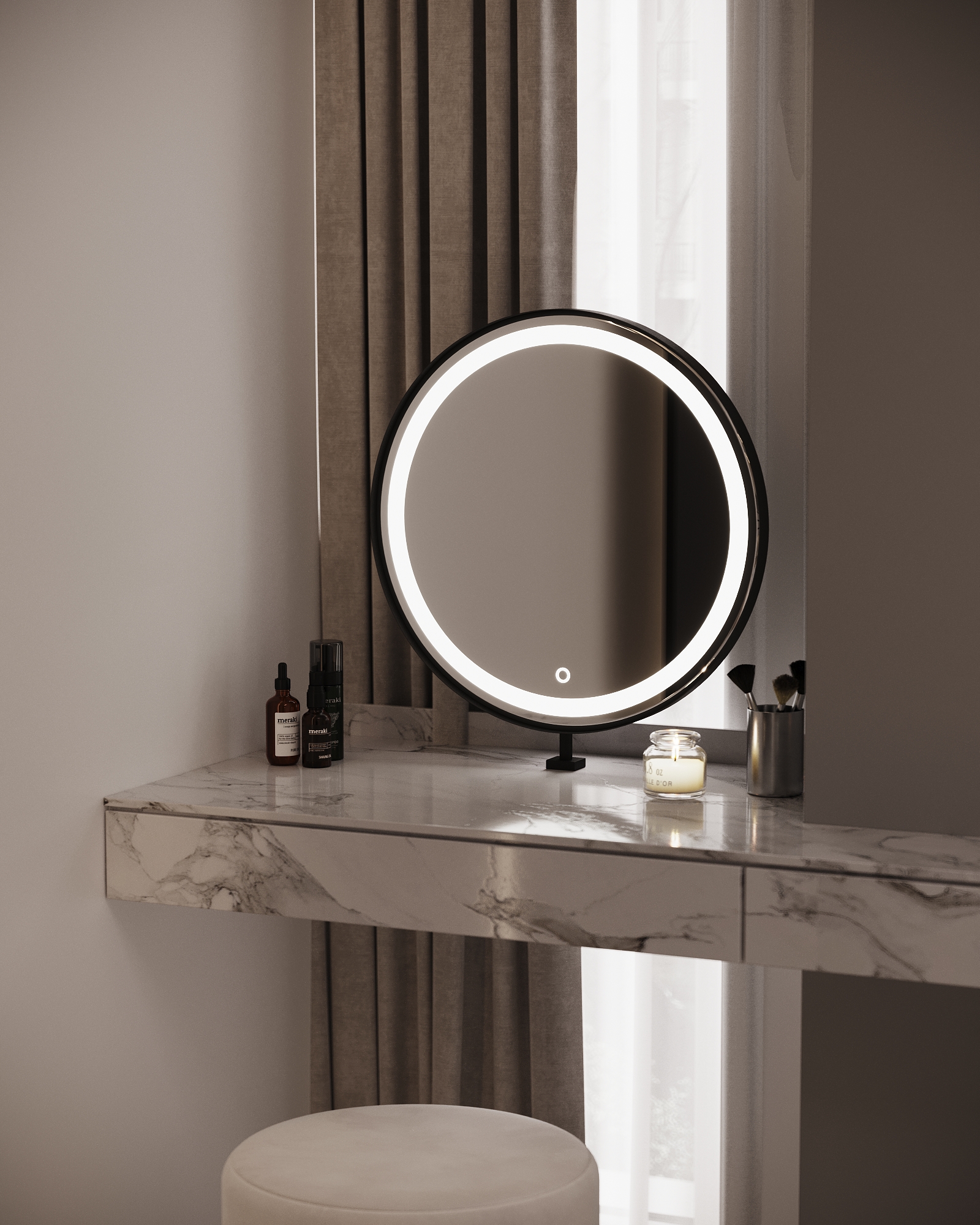 Elegant vanity area featuring a marble floating shelf, round LED illuminated mirror, and decorative accessories.
