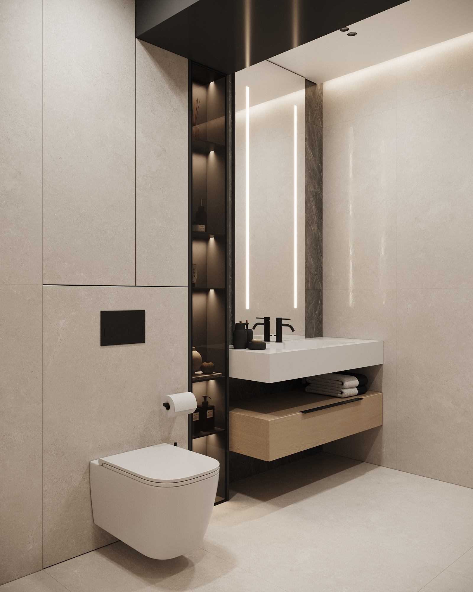 Contemporary bathroom with wall-mounted toilet, floating vanity with wooden drawer, and vertical LED lighting strips.