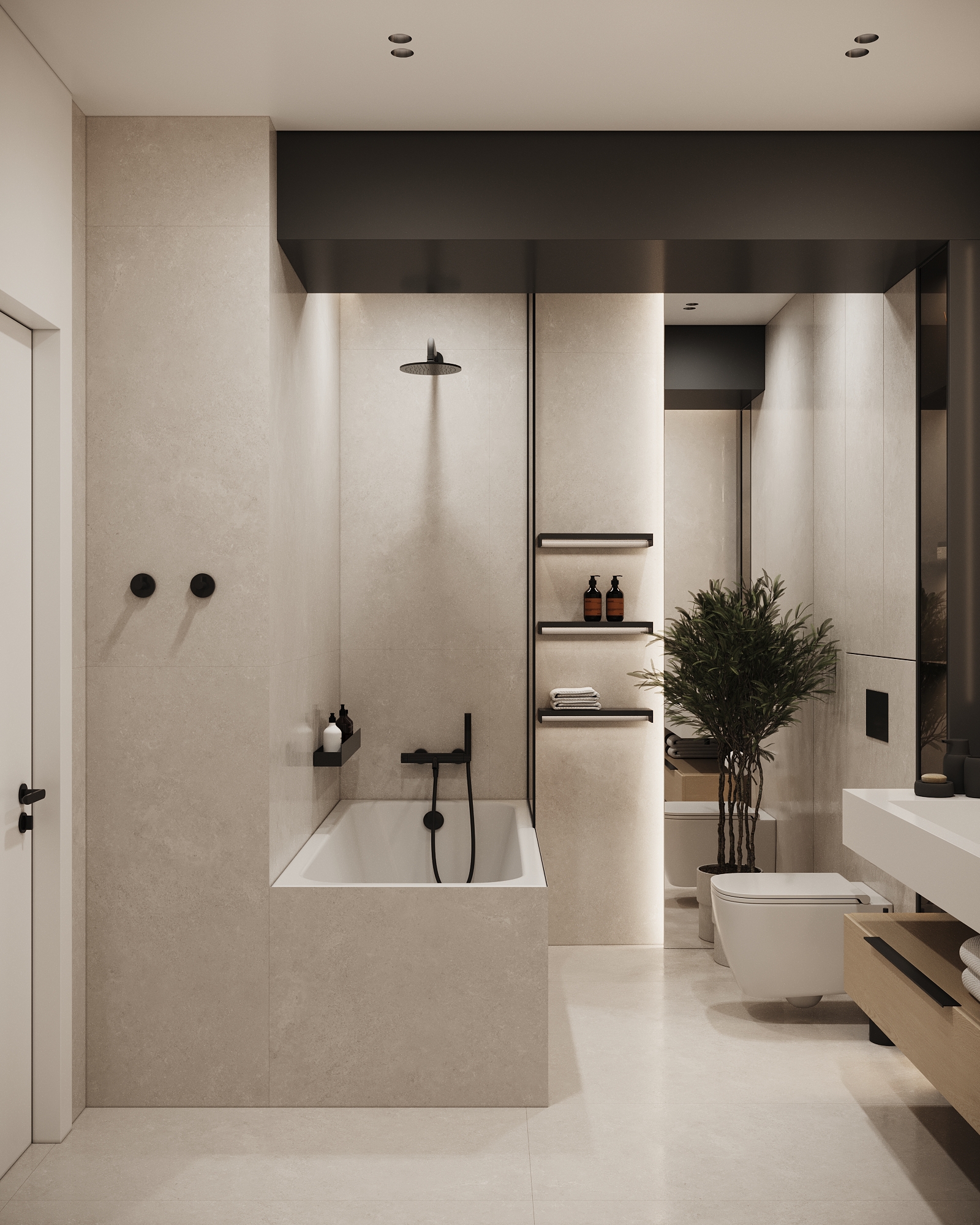 Minimalist bathroom featuring built-in bathtub, black matte fixtures, floating shelves, and indoor plants.