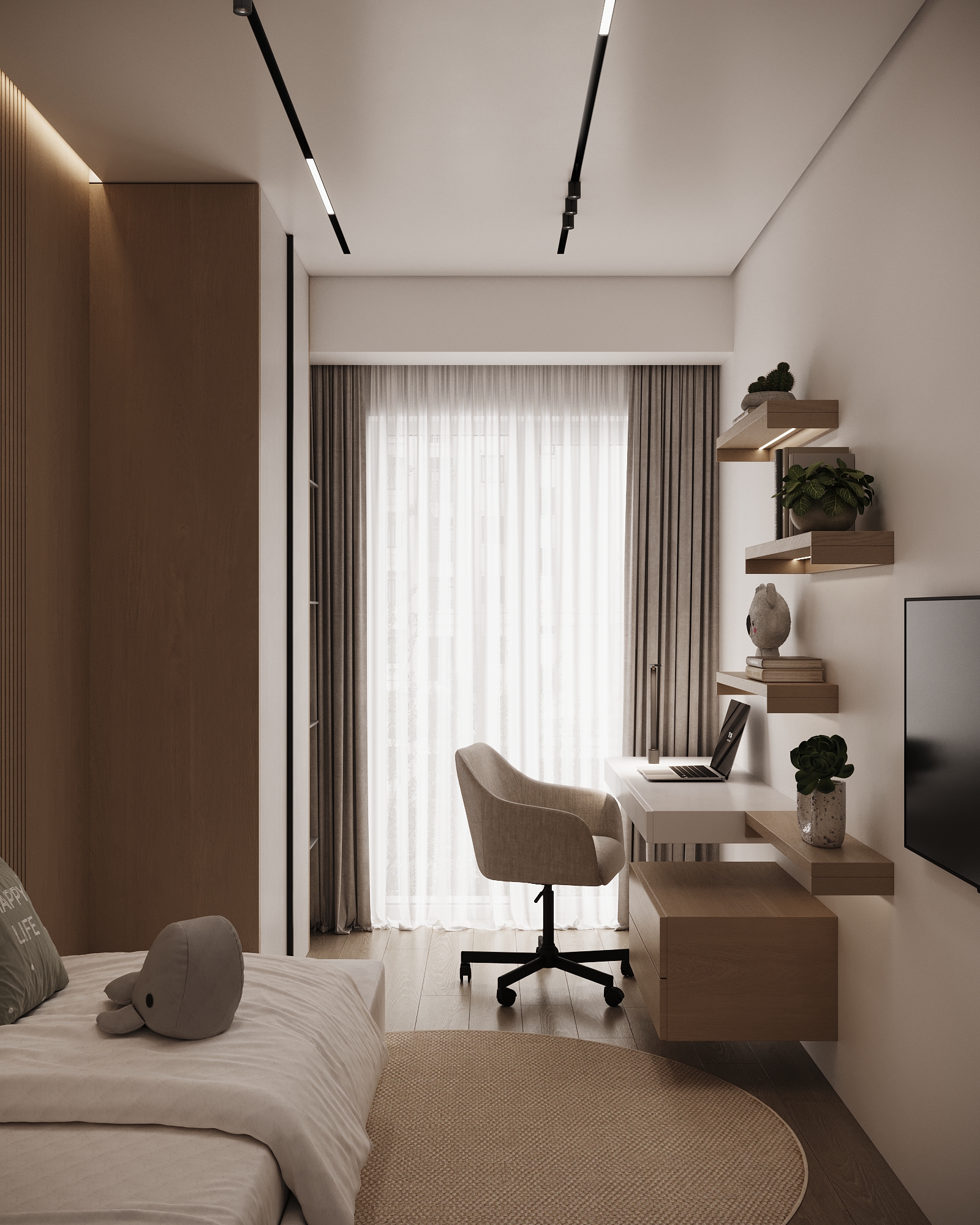 Modern children's bedroom featuring floating desk, upholstered office chair, and floating wooden shelves with decorative items.
