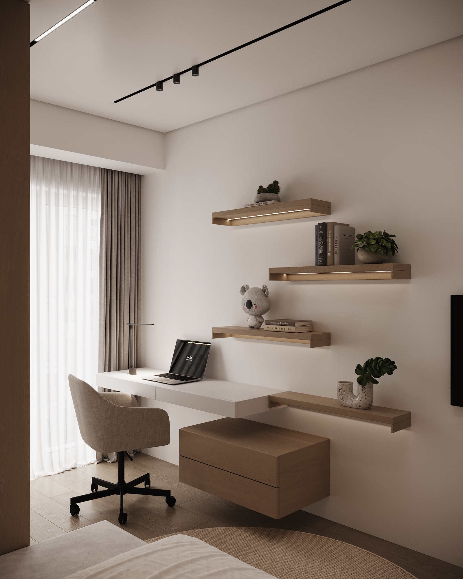 Minimalist children's workspace with white floating desk, wooden storage drawers, and illuminated floating shelves.