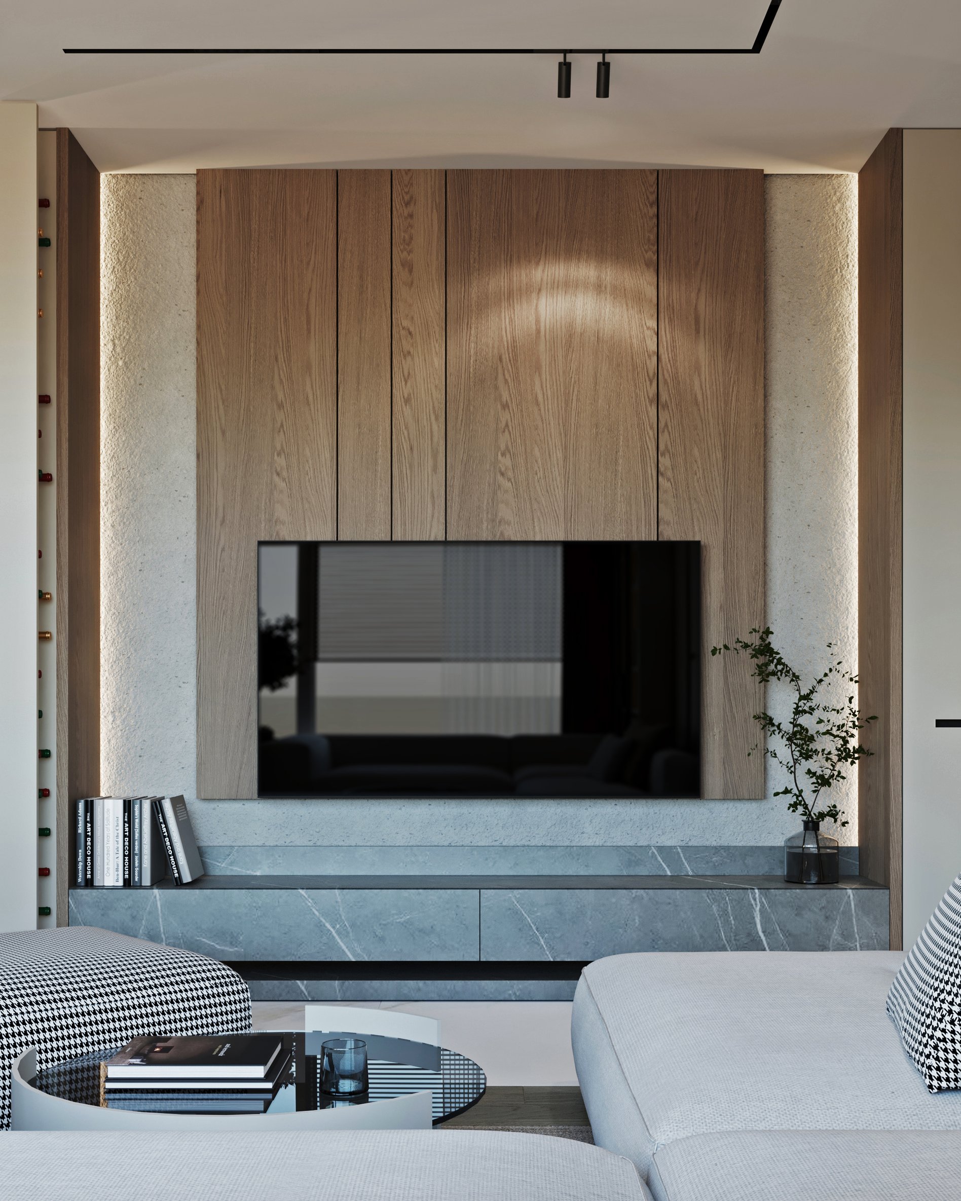 Contemporary TV wall with oak wood paneling, marble shelf, and built-in LED lighting.