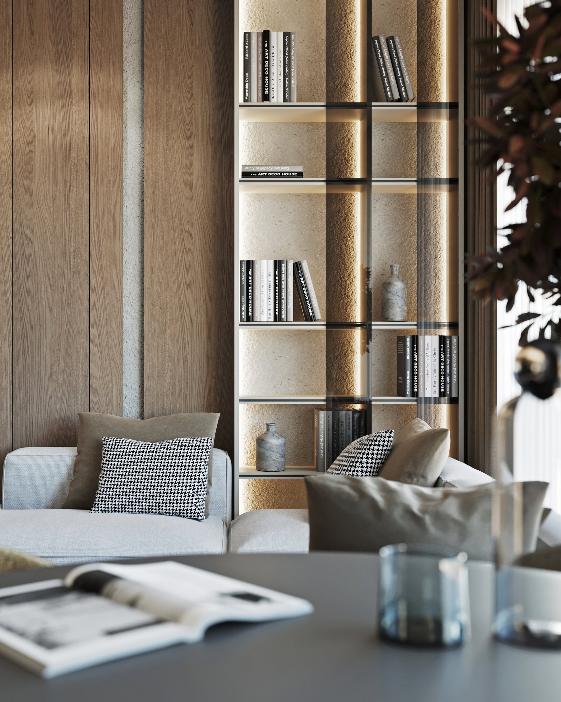 Custom-built illuminated bookshelf with textured wall panels and ambient lighting.