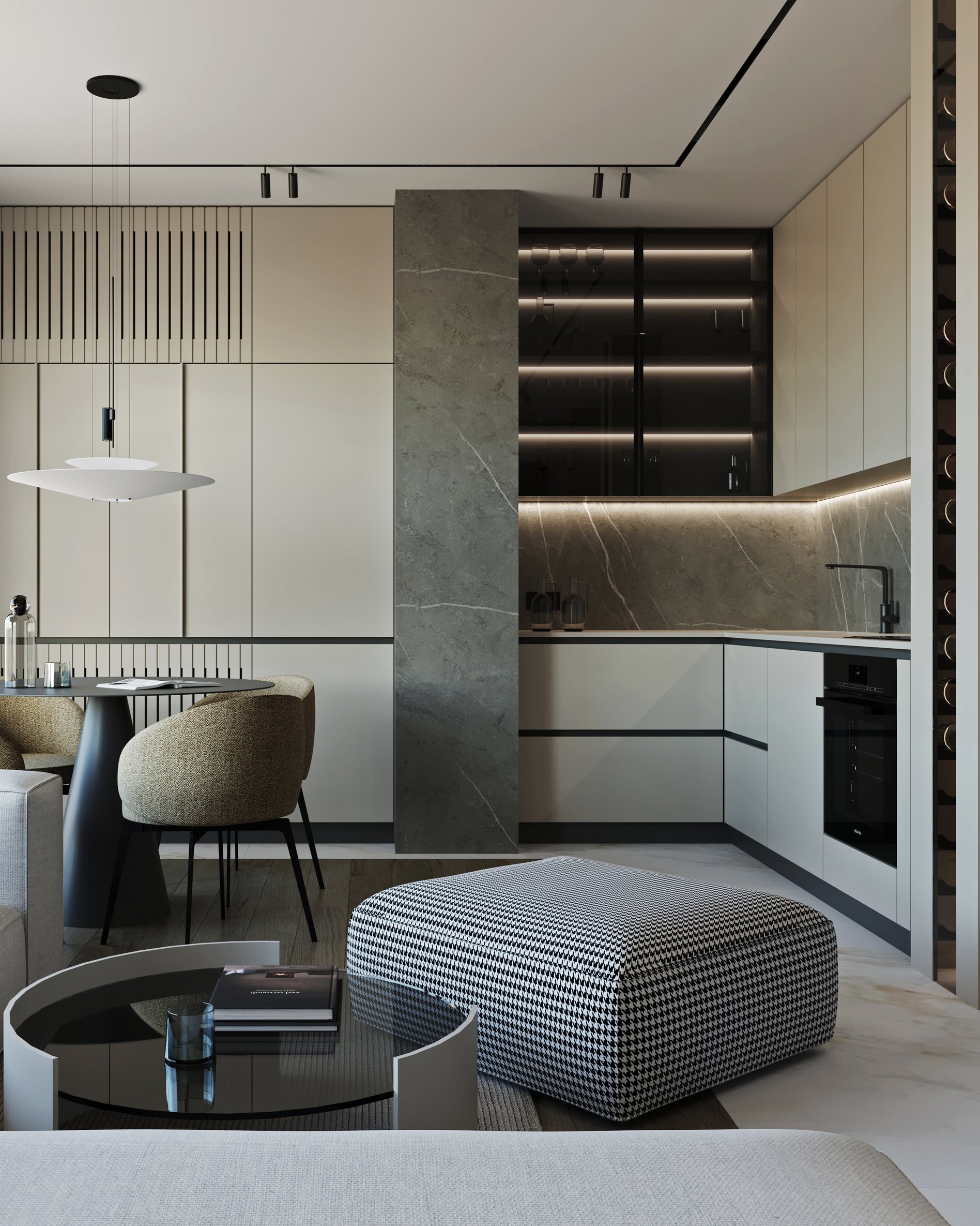 Modern kitchen and dining area with pendant lighting, upholstered dining chairs, and built-in wine storage.