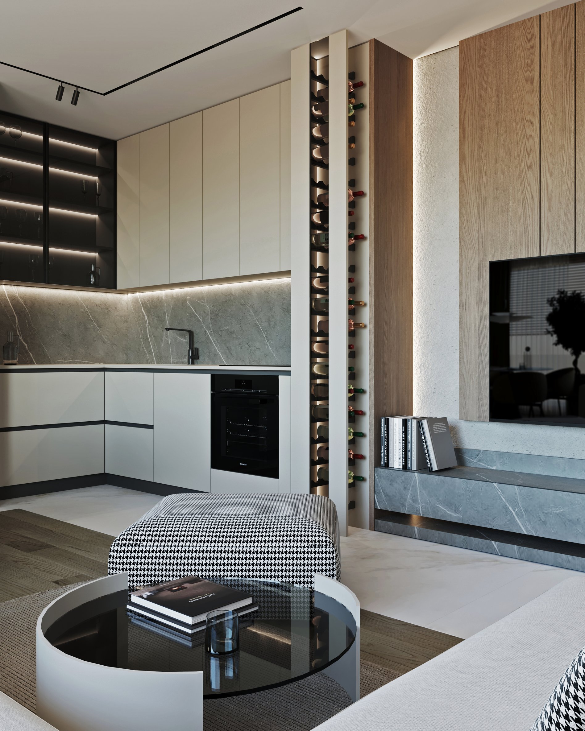 Custom vertical wine storage solution integrated between kitchen and living area.