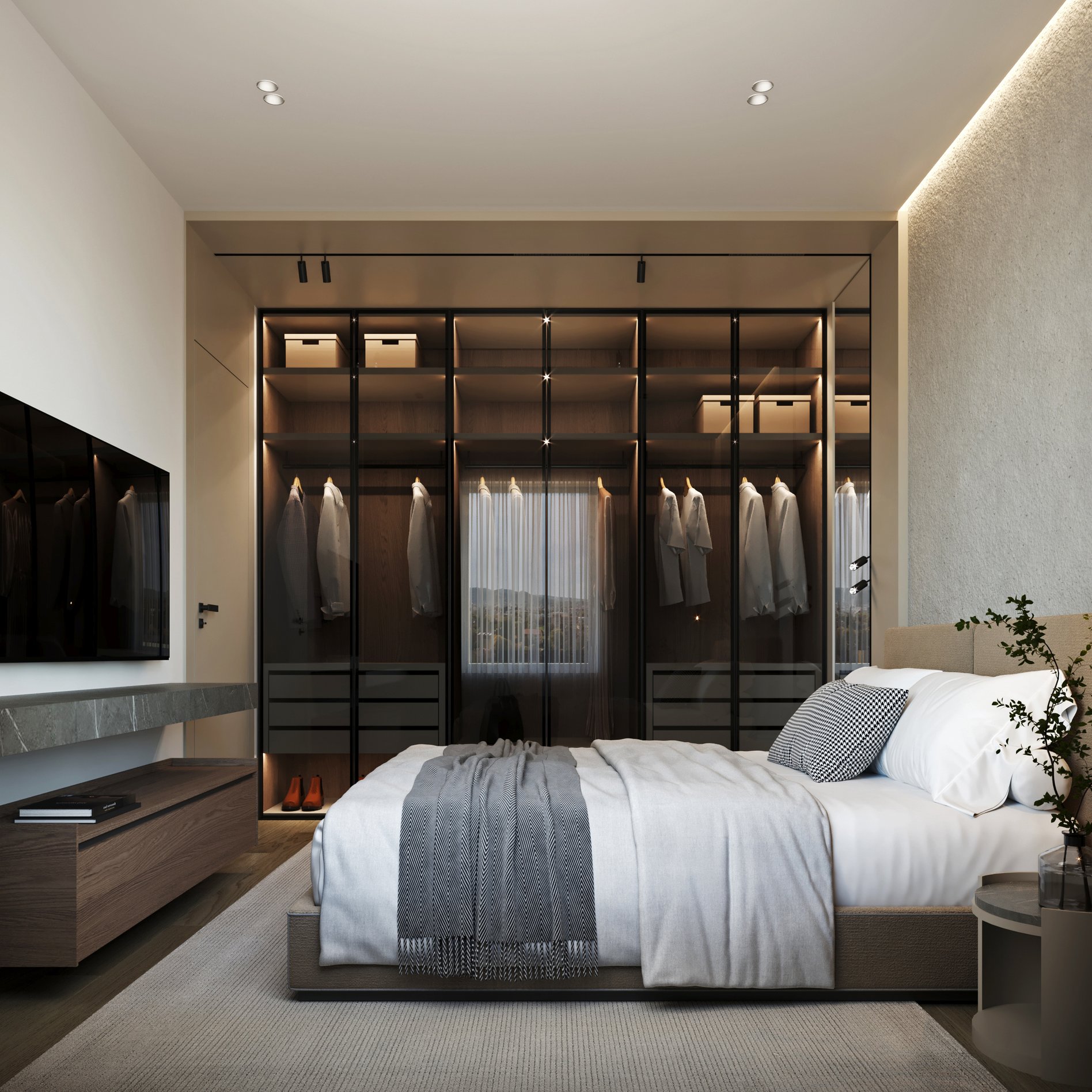 Contemporary master bedroom with glass-enclosed wardrobe, wall-mounted TV, and upholstered bed frame.