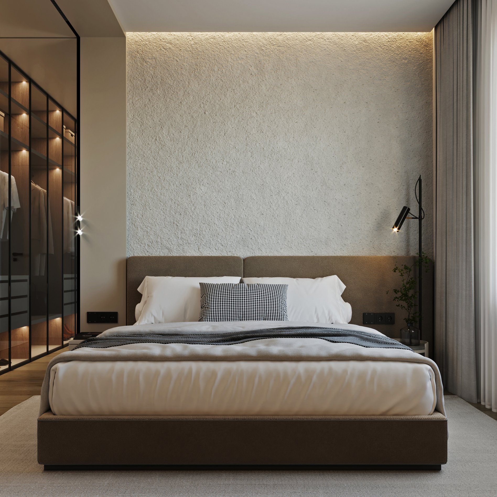 Elegant bedroom featuring textured wall finish, upholstered platform bed, and modern reading light.