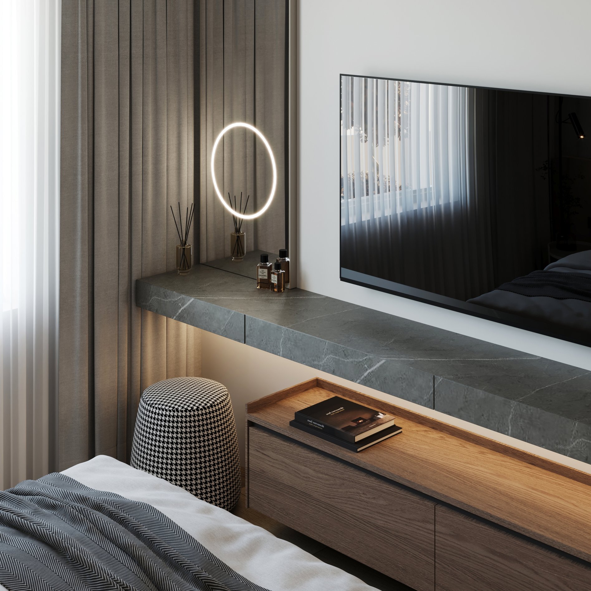 Modern bedroom media console featuring marble top, LED ring mirror, and wooden storage with ambient lighting.