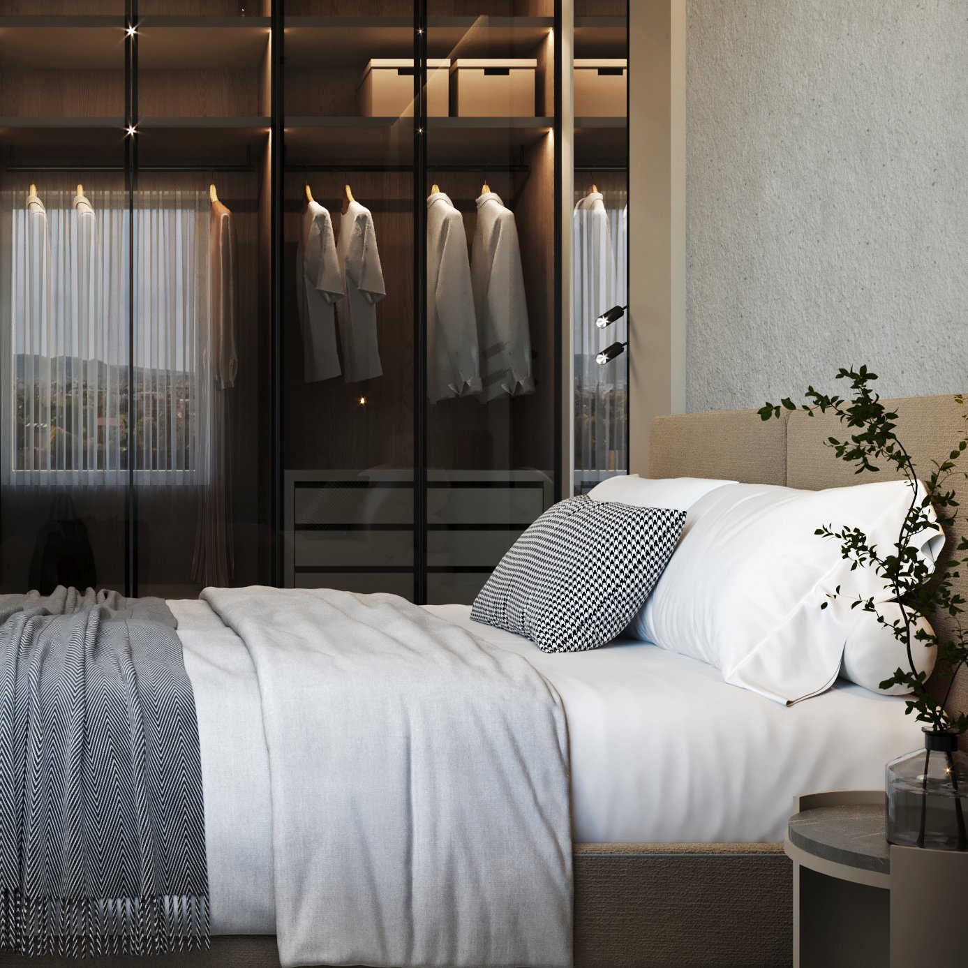 Glass-enclosed wardrobe with illuminated hanging space, storage boxes, and sheer curtains offering city views.