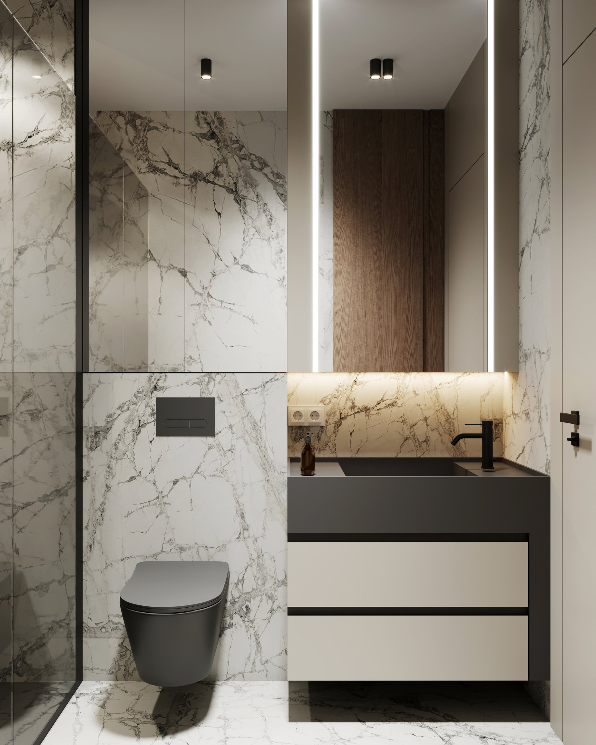 Contemporary bathroom with white marble walls, black fixtures, floating toilet and minimalist vanity with LED lighting.