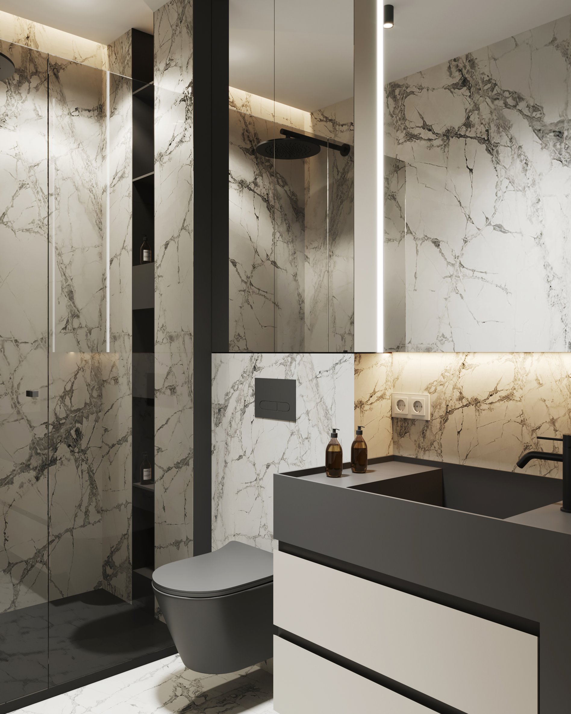 Luxury bathroom featuring floor-to-ceiling marble walls, black rainfall shower head, built-in storage niches, and floating vanity.