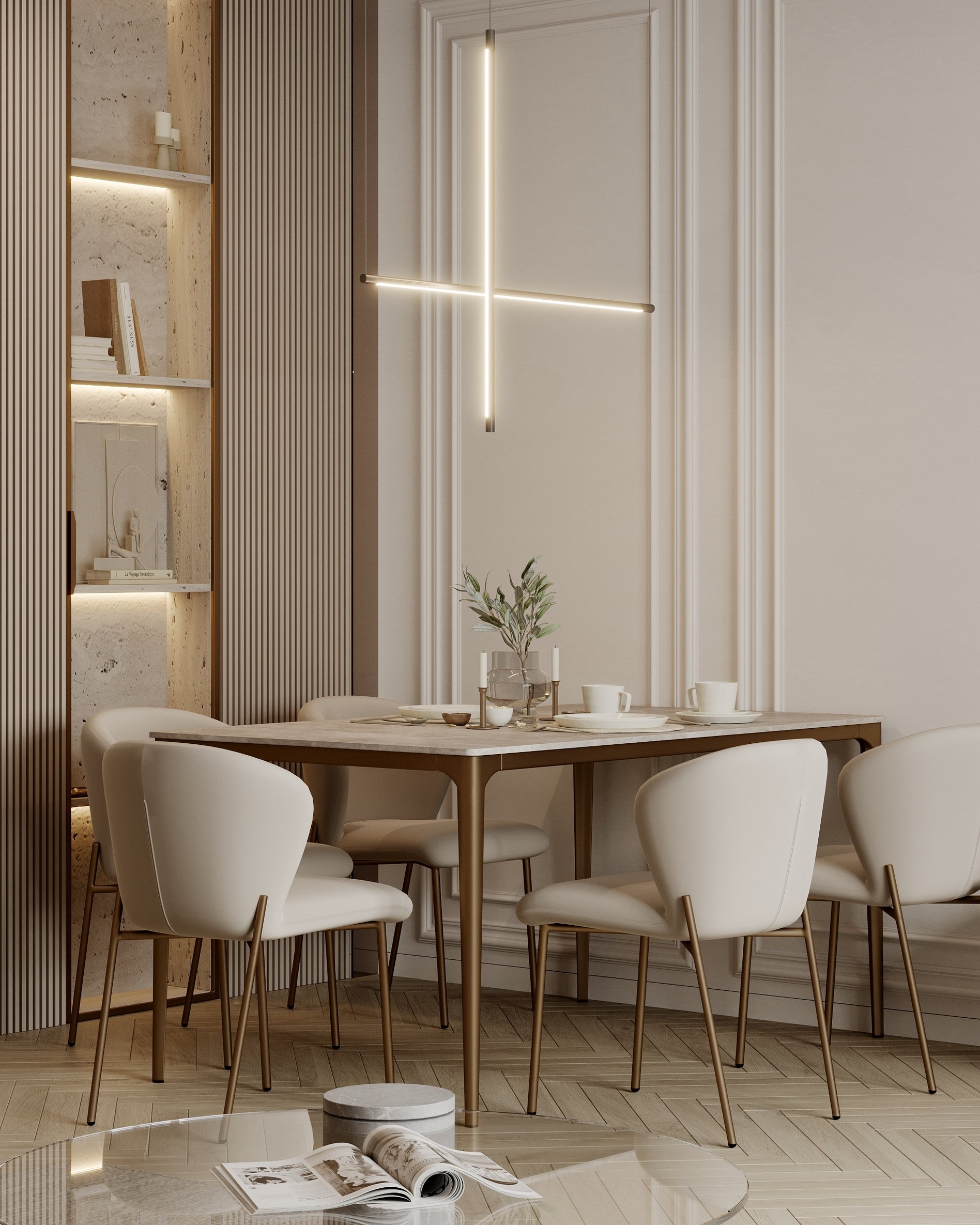 Elegant dining area with white upholstered chairs, wooden table, and sculptural LED lighting.