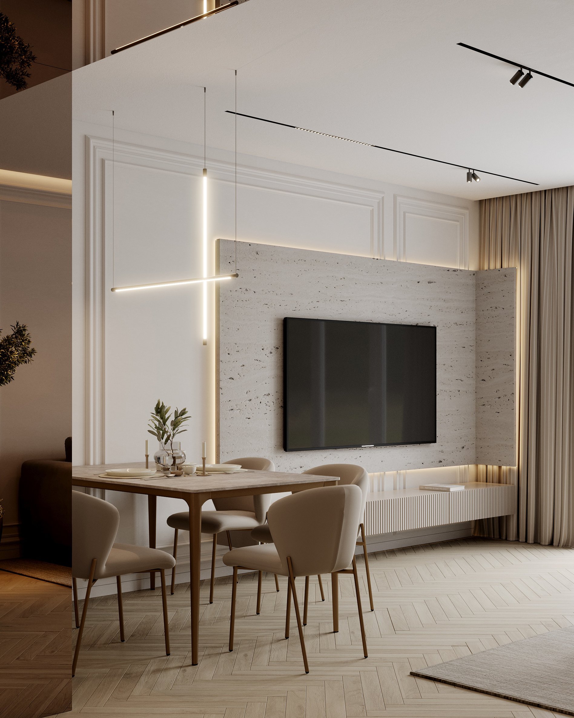 Modern dining space with textured stone TV wall, linear lighting, and contemporary furniture.
