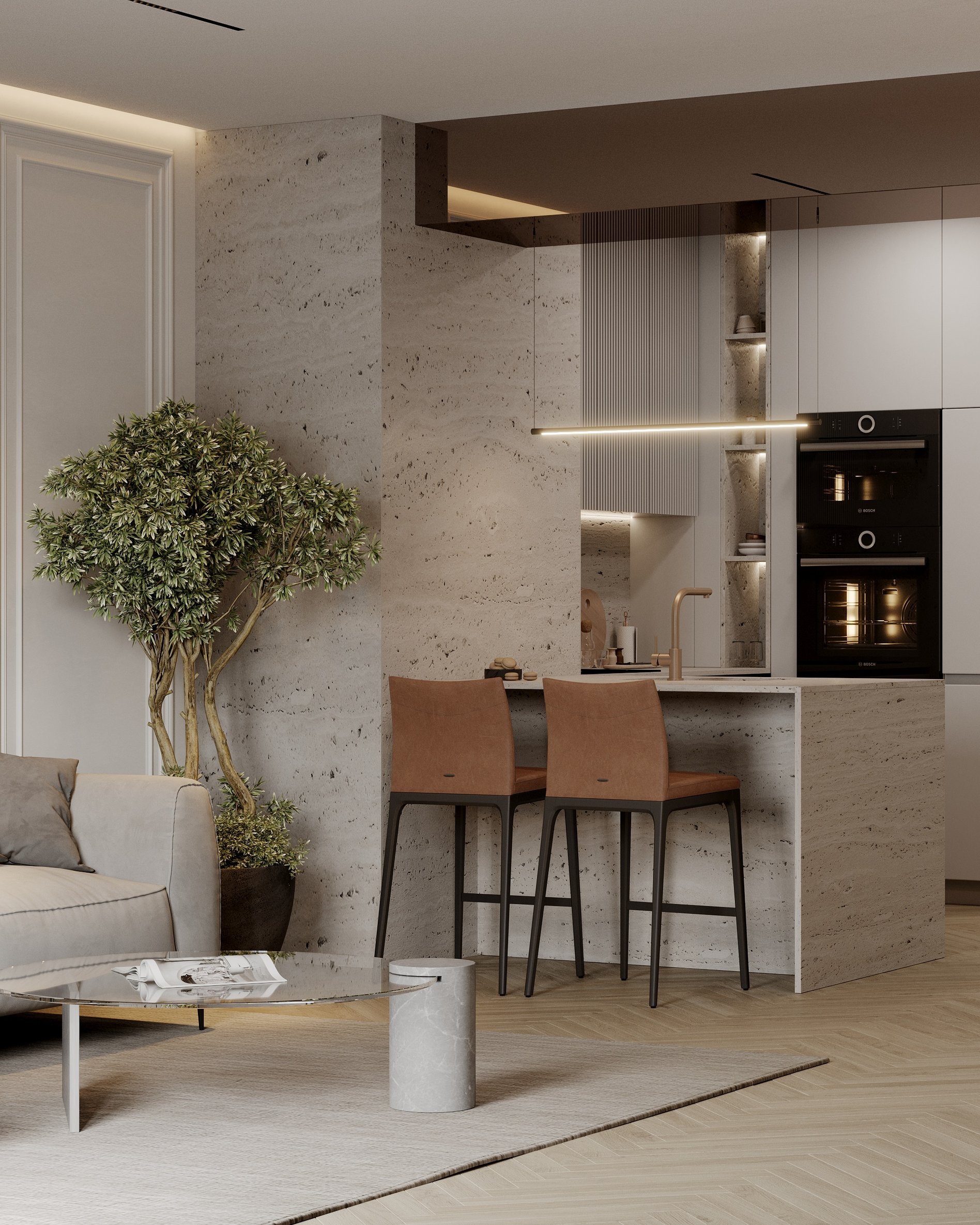 Contemporary kitchen featuring stone surfaces, tan bar stools, and built-in appliances.