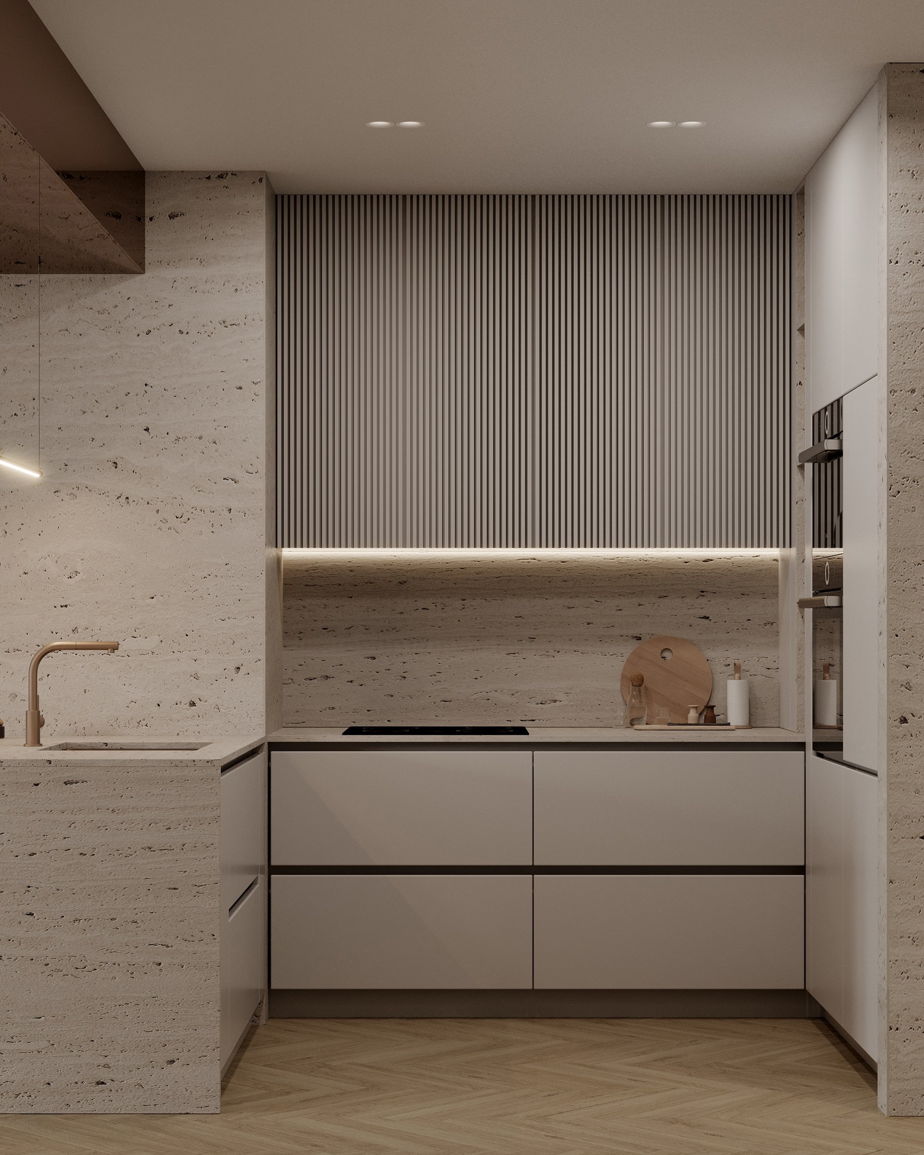 Minimalist kitchen with textured panels, integrated appliances, and clean-lined cabinetry.