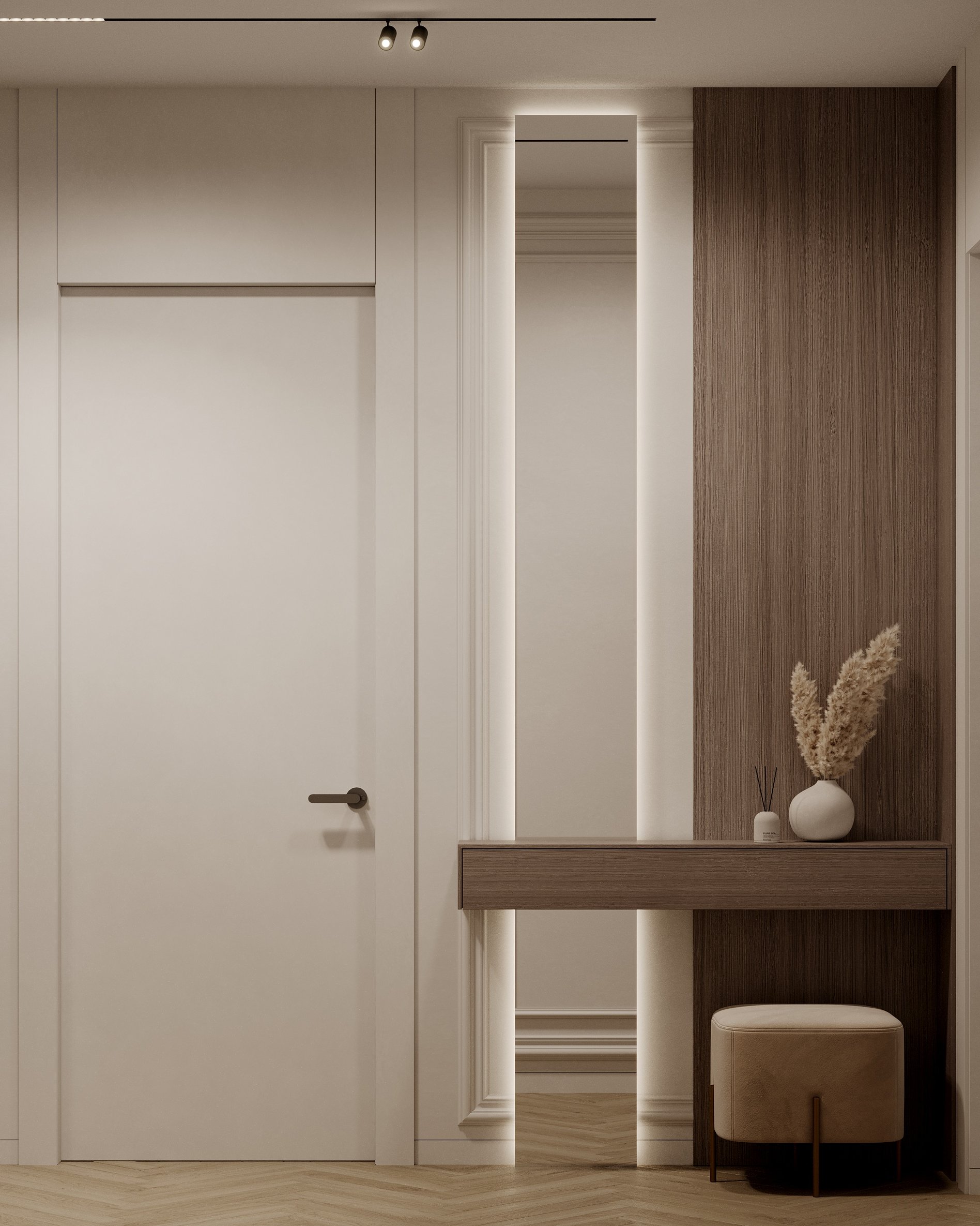 Modern entryway featuring wooden console, illuminated mirror, and decorative vase.