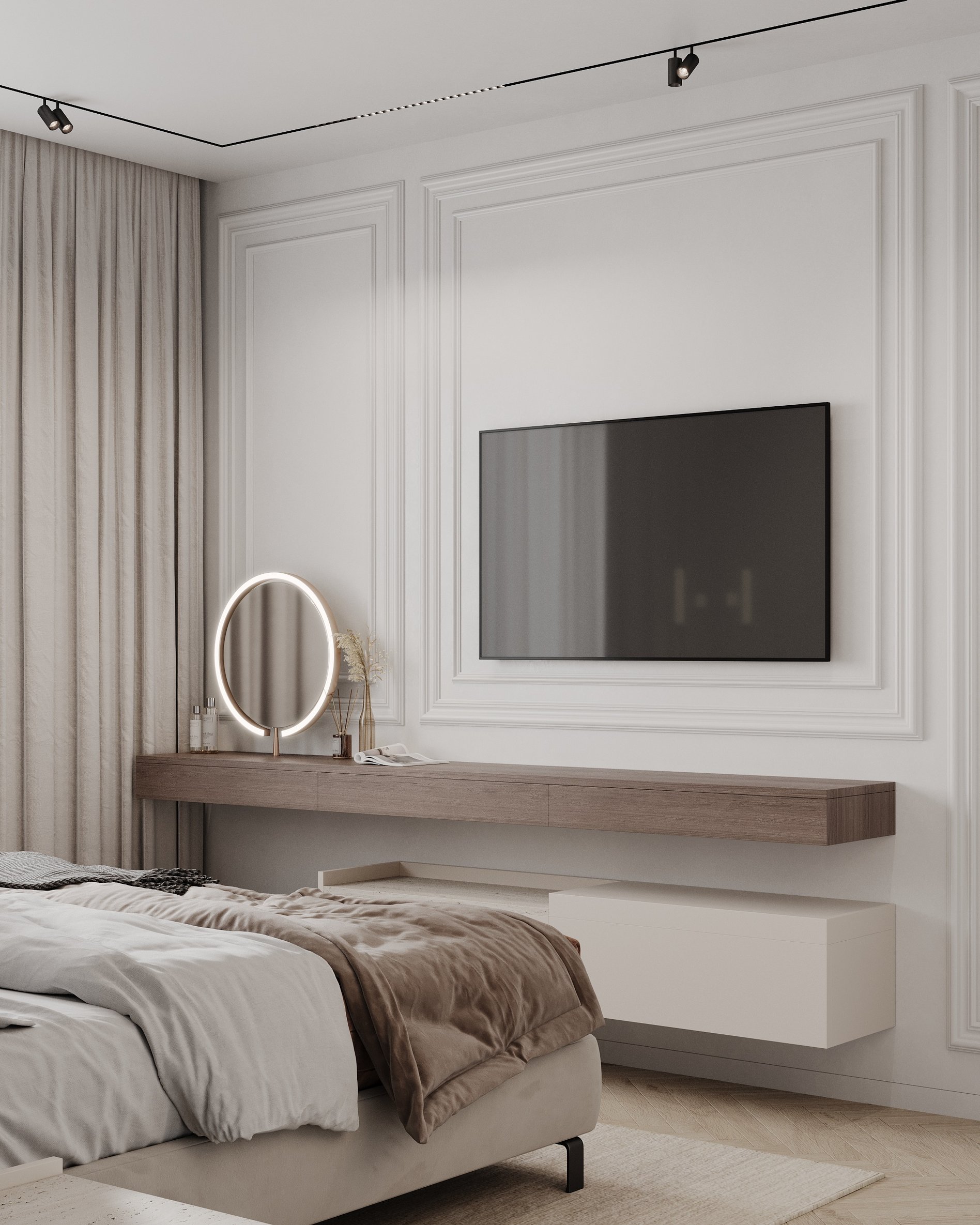 Contemporary bedroom featuring floating wooden vanity with LED mirror, wall-mounted TV, and upholstered bed.
