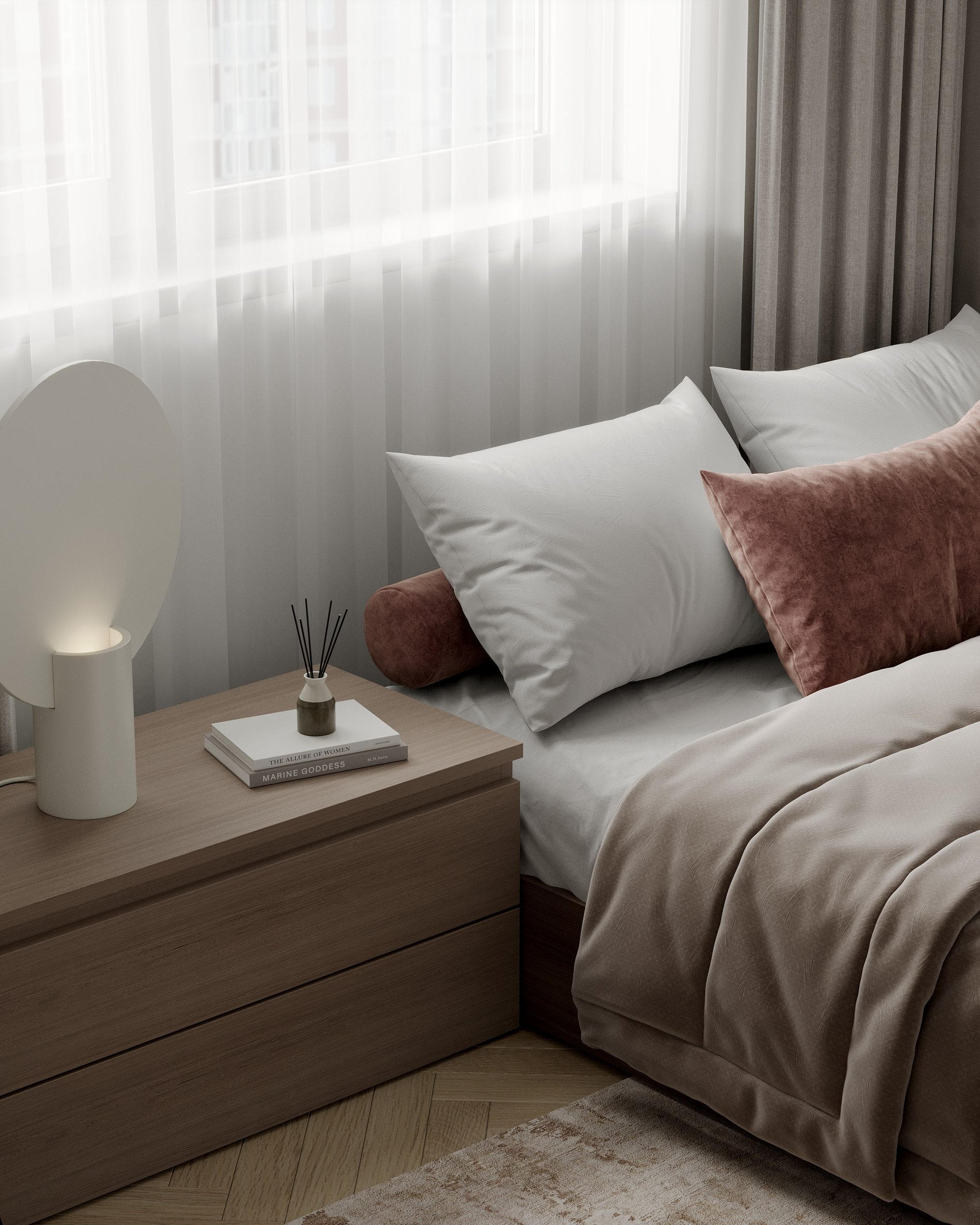 Bedroom detail showing wooden nightstand with modern table lamp, books, and diffuser beside plush bedding.