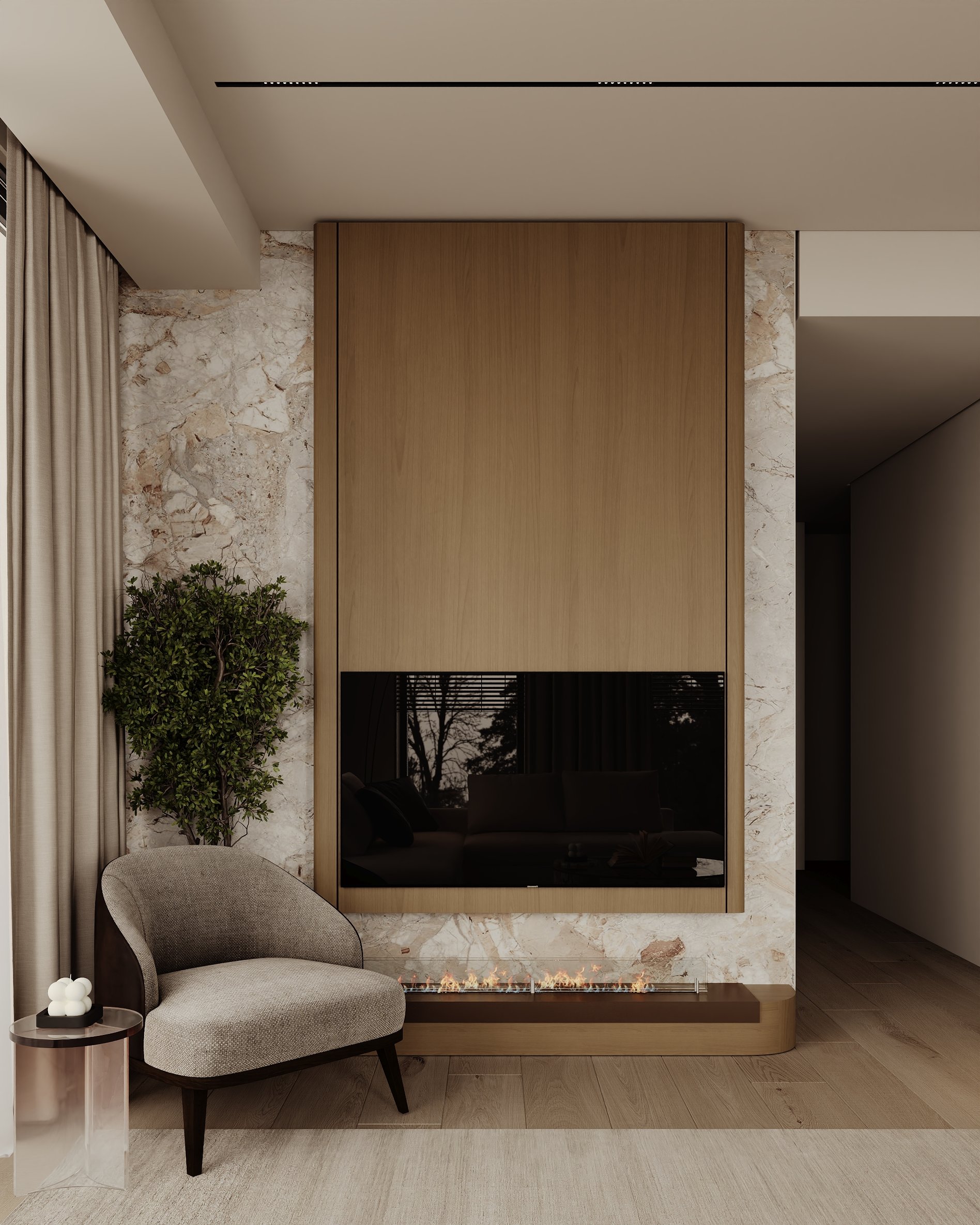 Cozy fireplace corner with a textured armchair, marble wall, and built-in fireplace below a wood-paneled TV wall.