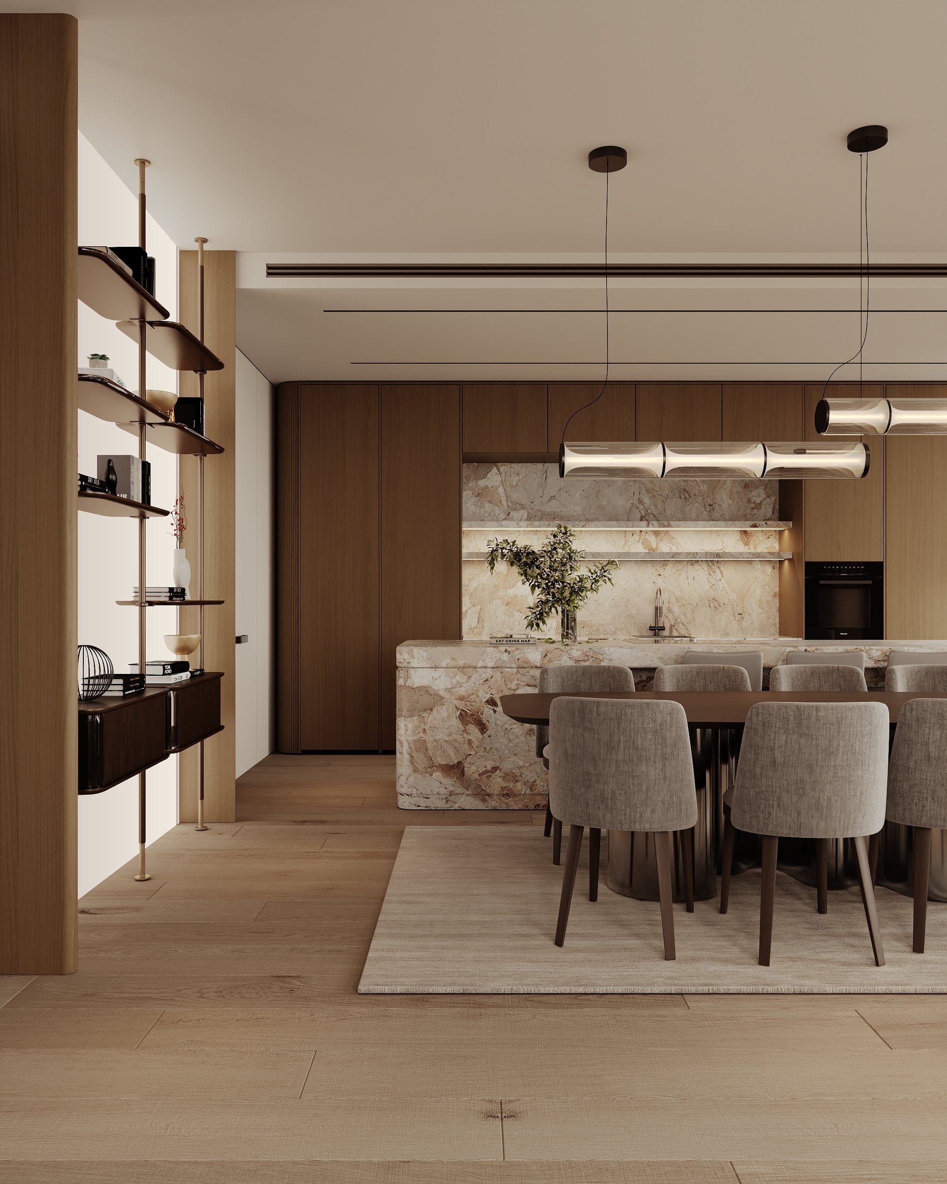 View from the dining area towards the marble kitchen island, with pendant lighting and open shelving dividing the space.
