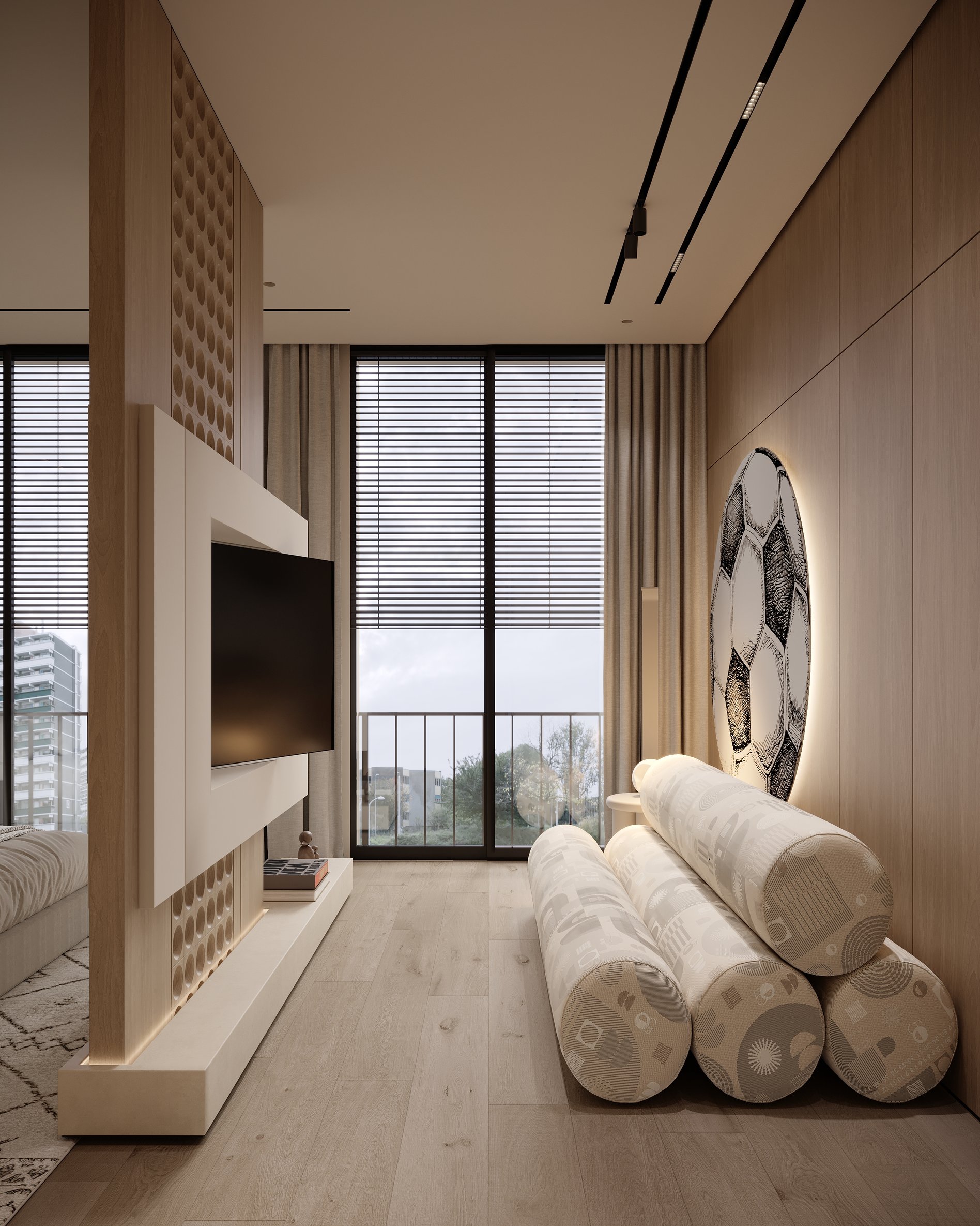 Bedroom lounge area with built-in TV partition, sculptural cylindrical seating, and full-height windows with blinds.