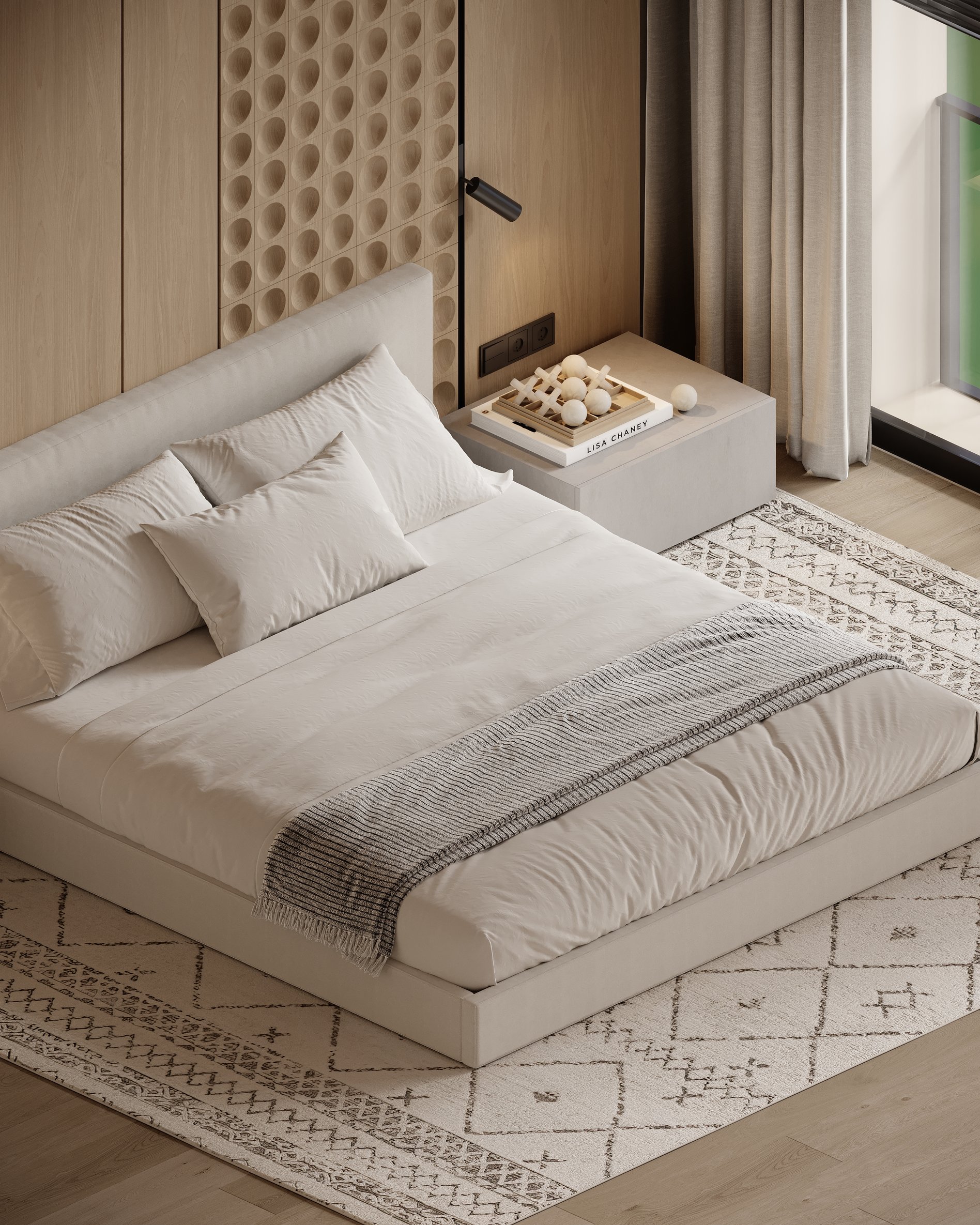 Detail of bed with light bedding, wood textured wall, and modern nightstand by the window.