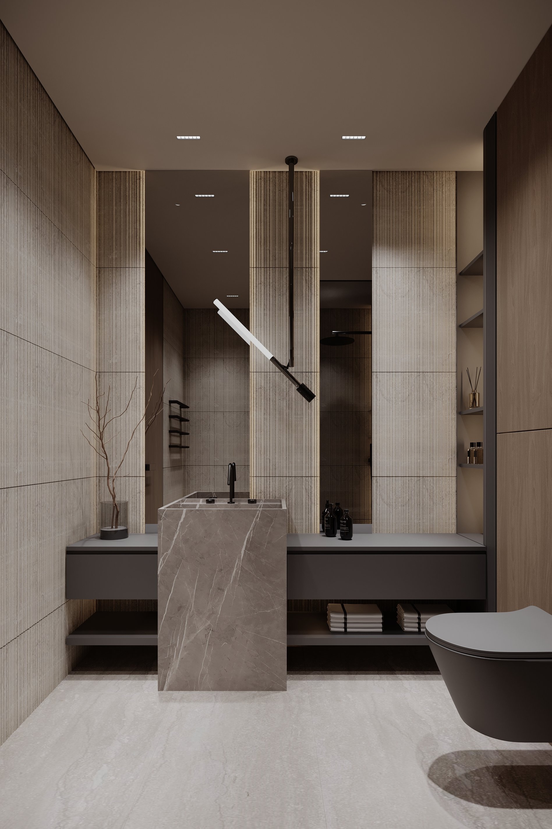 Modern master bathroom with a stone pedestal sink, ribbed wall panels, and sculptural black faucet and lighting.