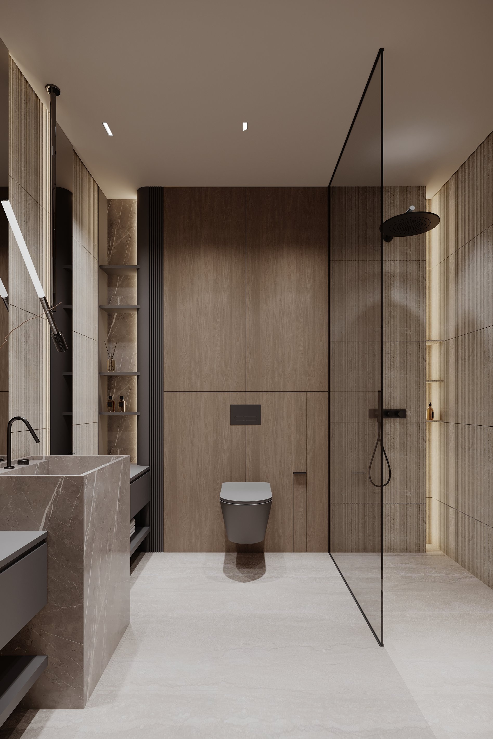 Spacious bathroom with walk-in shower, wall-mounted toilet, glass partition, and wood and stone finishes.