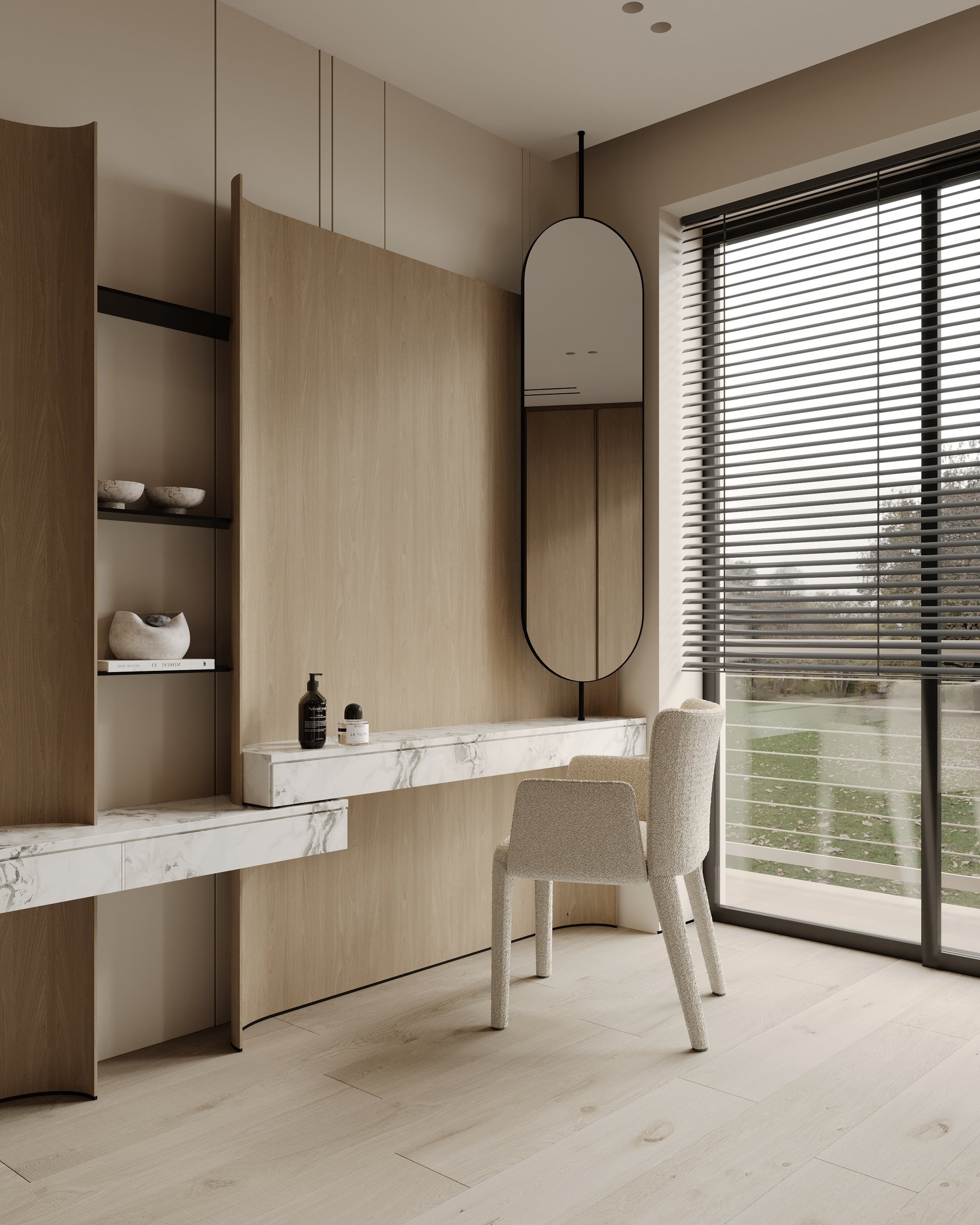 Elegant vanity corner featuring a marble-topped floating desk, sculptural chair, and tall oval mirror beside floor-to-ceiling windows with blinds.