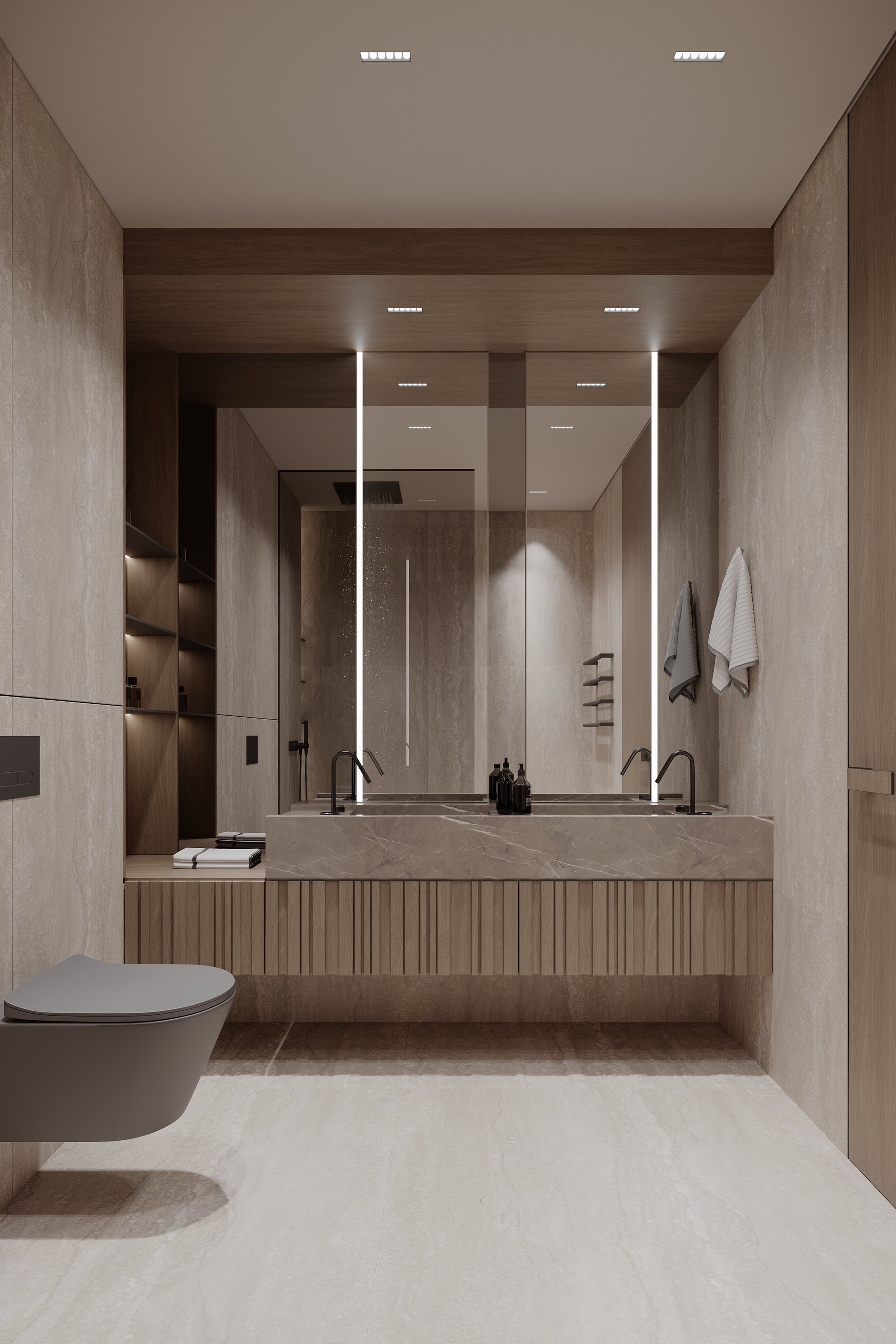 Contemporary bathroom with double marble vanity, vertical LED mirror lighting, floating toilet, and built-in shelving.