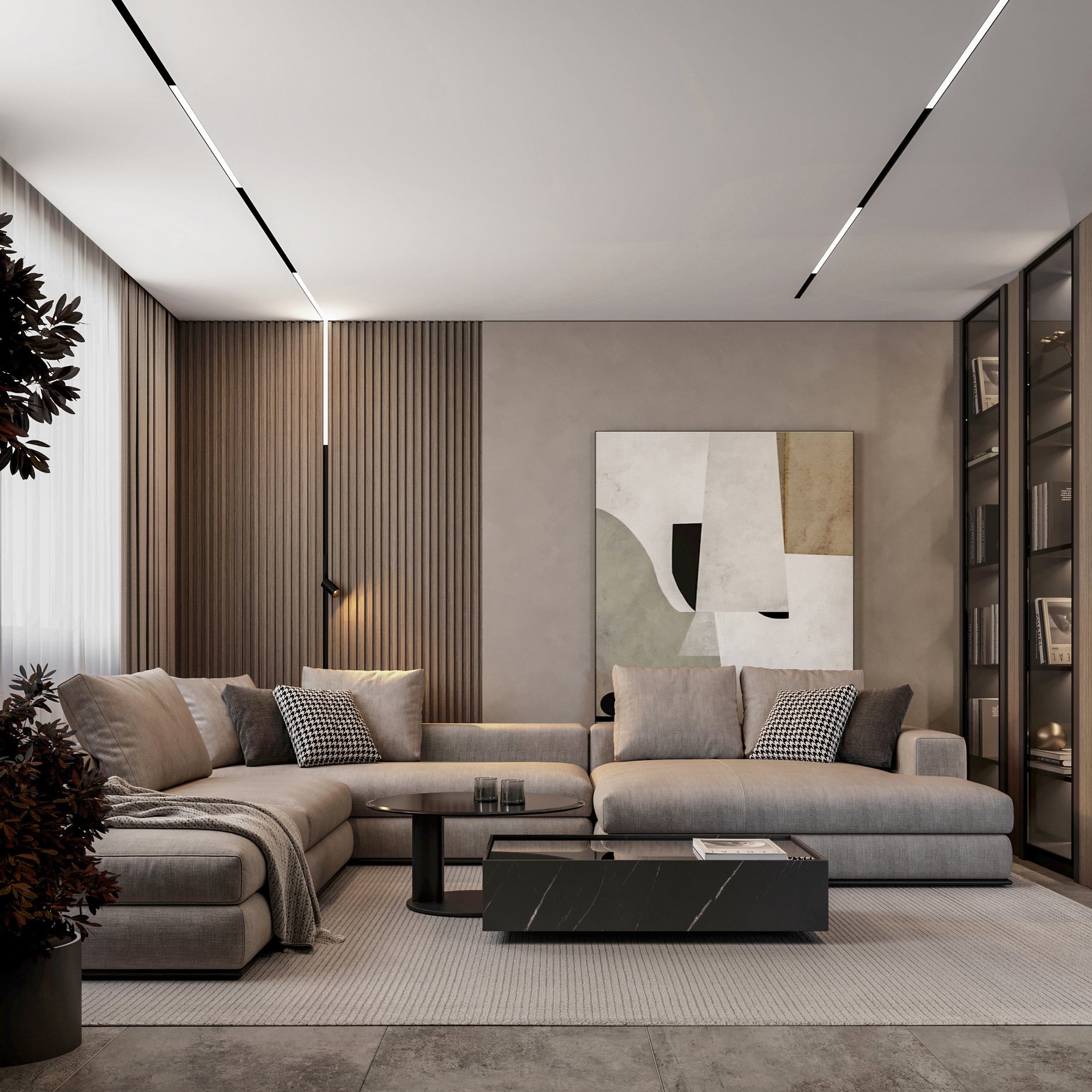 Contemporary living room featuring a grey sectional sofa, black marble coffee table, and large abstract artwork with wooden wall panels.