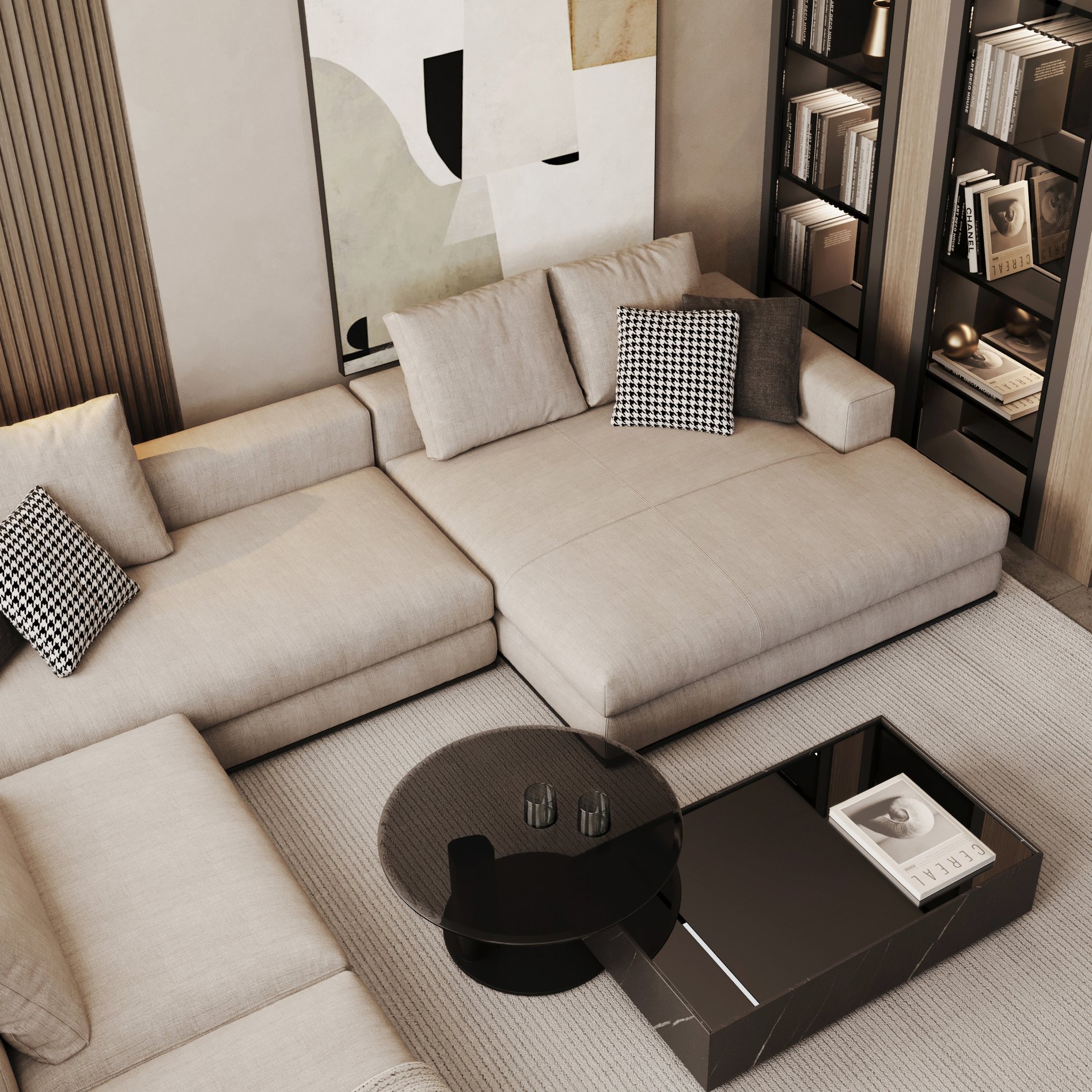 Close-up of living room seating area with houndstooth pattern cushions and wooden slat wall feature.